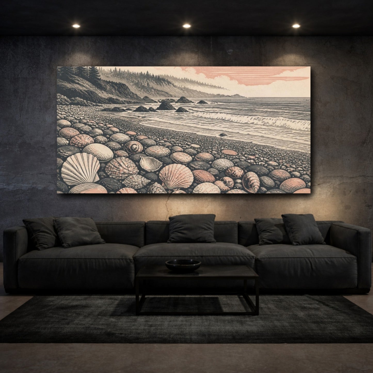 Mockup 3. Nature Pebble Beach Seashells shown as canvas print