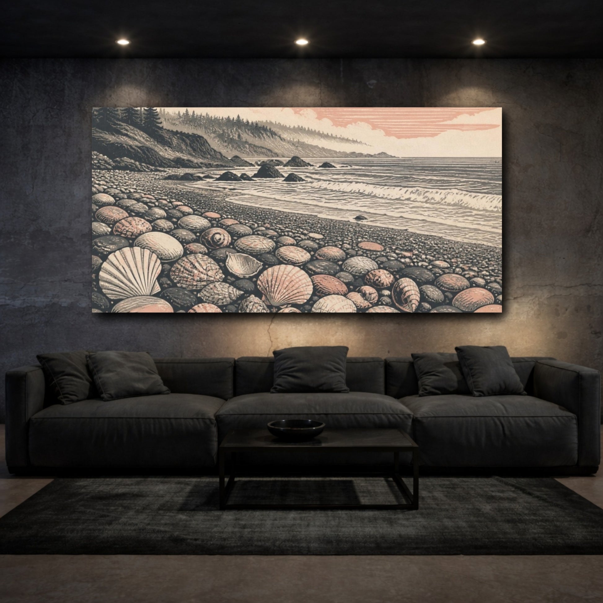Mockup 3. Nature Pebble Beach Seashells shown as canvas print