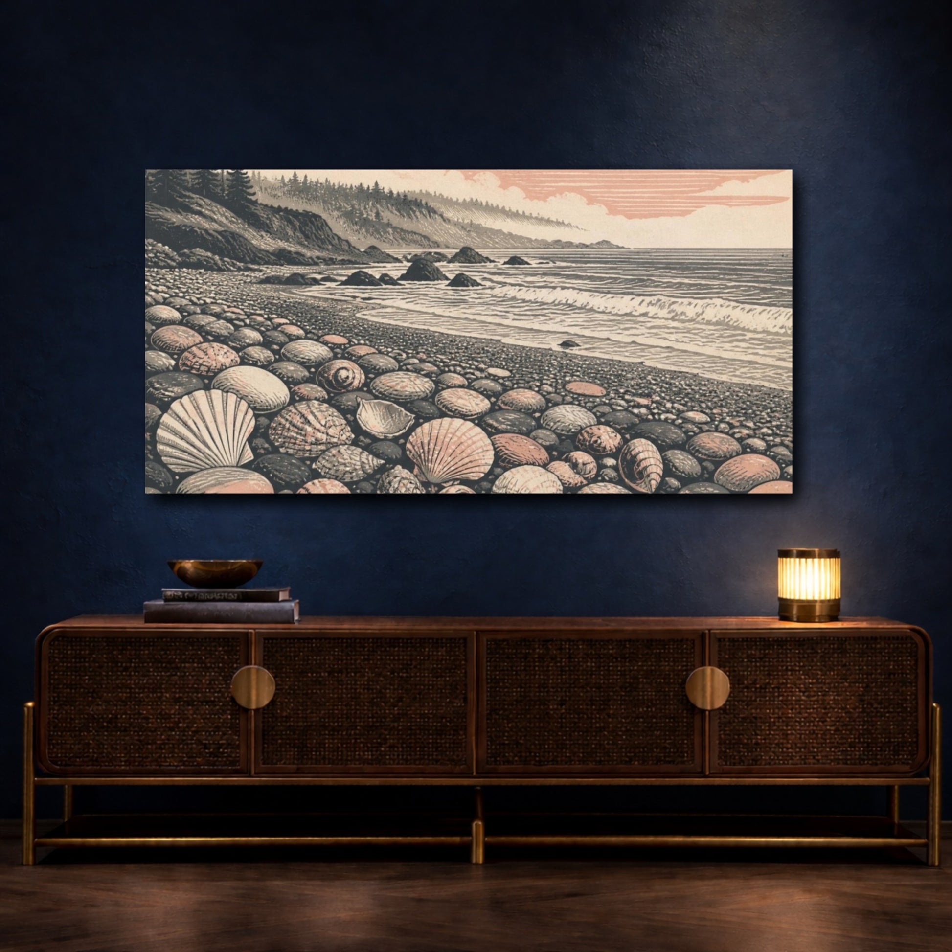 Mockup 4. Nature Pebble Beach Seashells shown as canvas print