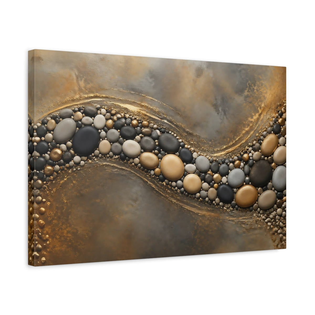 Side Mockup 3. Nature Pebbles Gold And Gray Pebbles shown as stretched canvas wall art