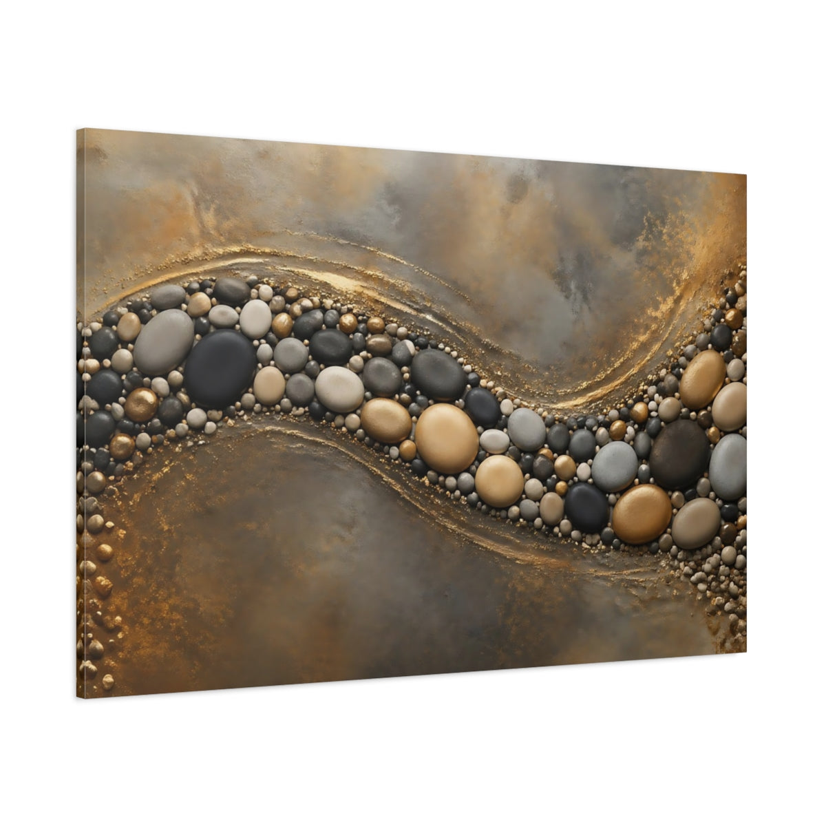 Side Mockup 1. Nature Pebbles Gold And Gray Pebbles shown as stretched canvas wall art