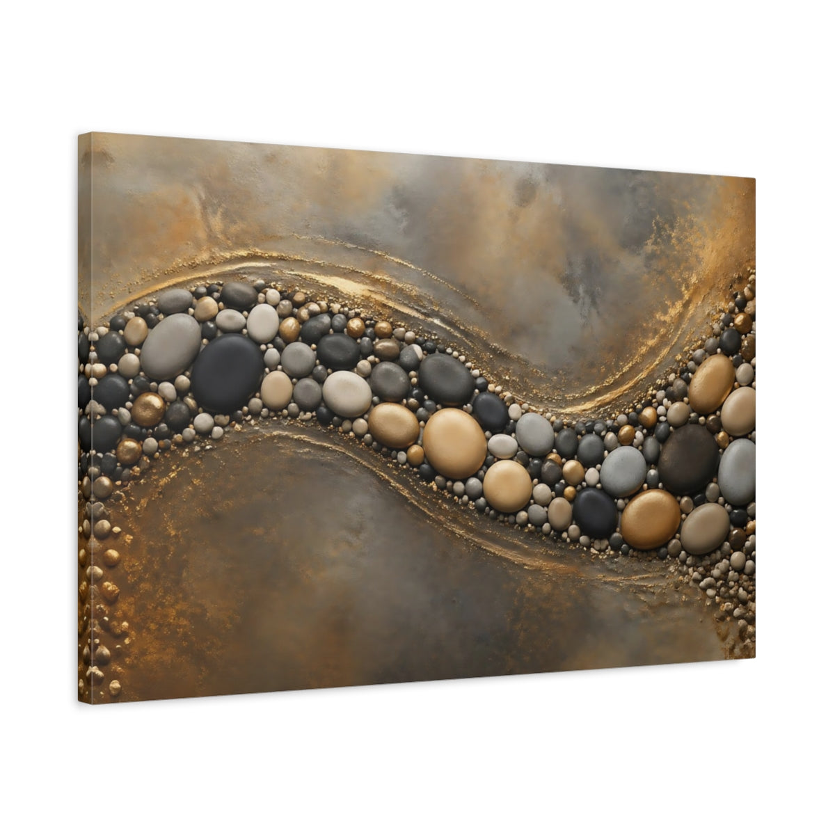 Side Mockup 2. Nature Pebbles Gold And Gray Pebbles shown as stretched canvas wall art