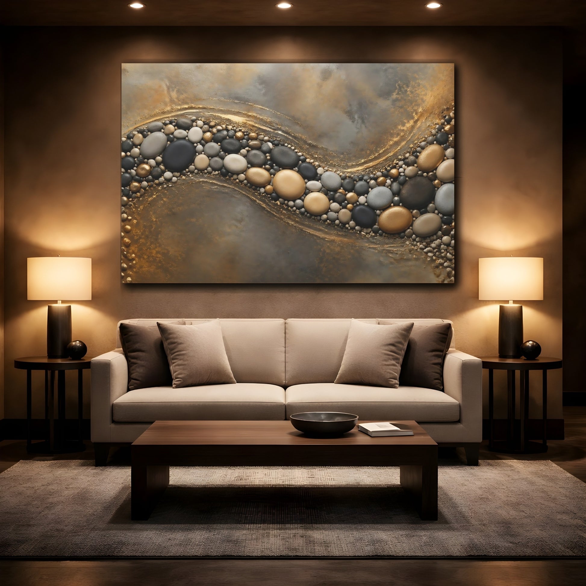 Mockup 2. Nature Pebbles Gold And Gray Pebbles shown as stretched canvas wall art