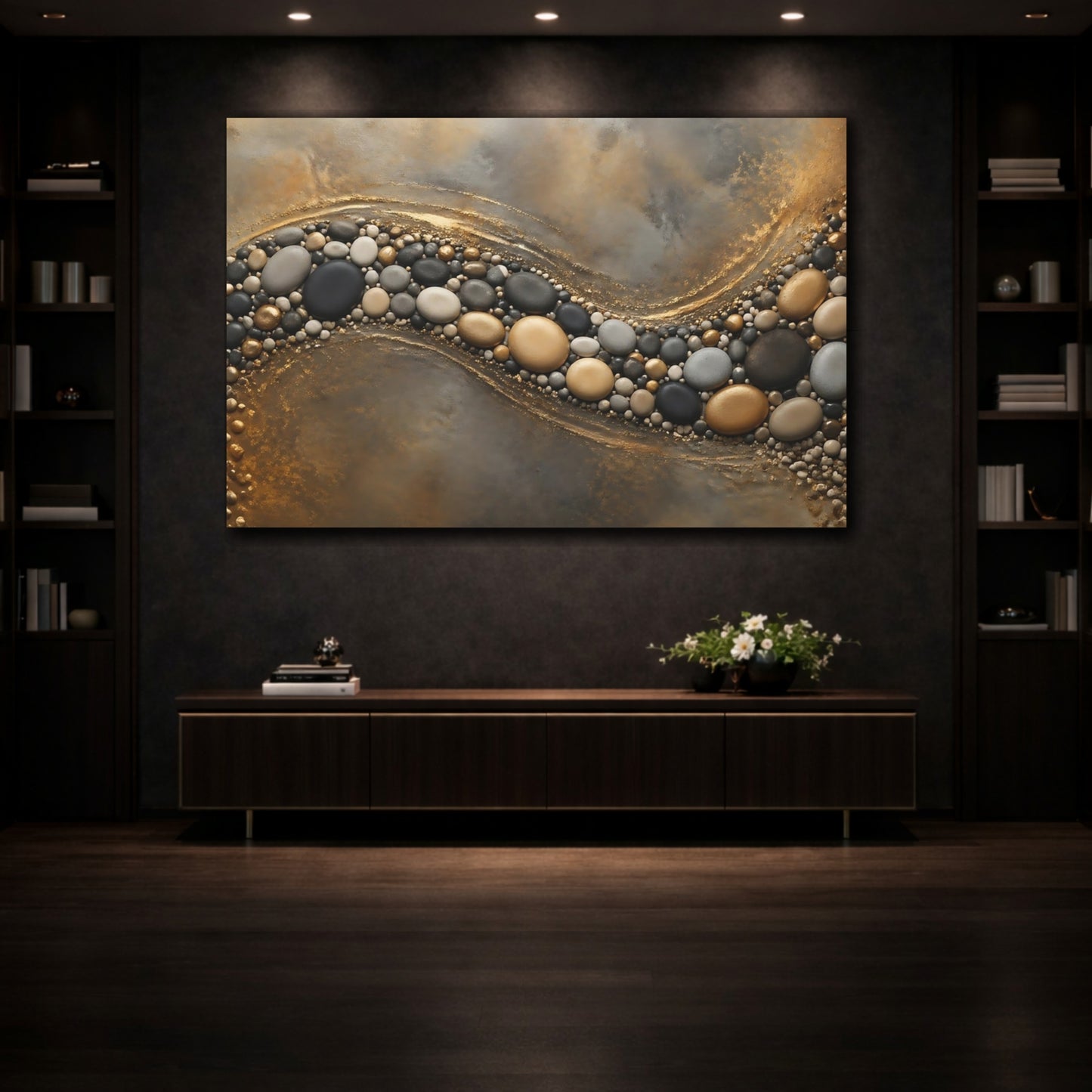 Mockup 3. Nature Pebbles Gold And Gray Pebbles shown as stretched canvas wall art
