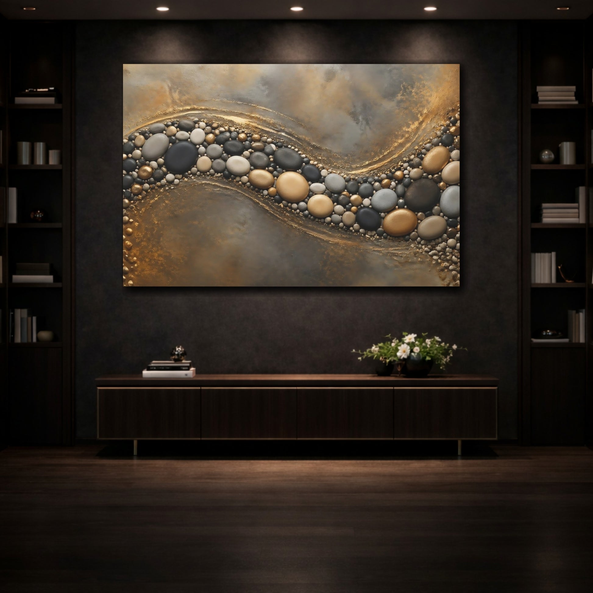 Mockup 3. Nature Pebbles Gold And Gray Pebbles shown as stretched canvas wall art