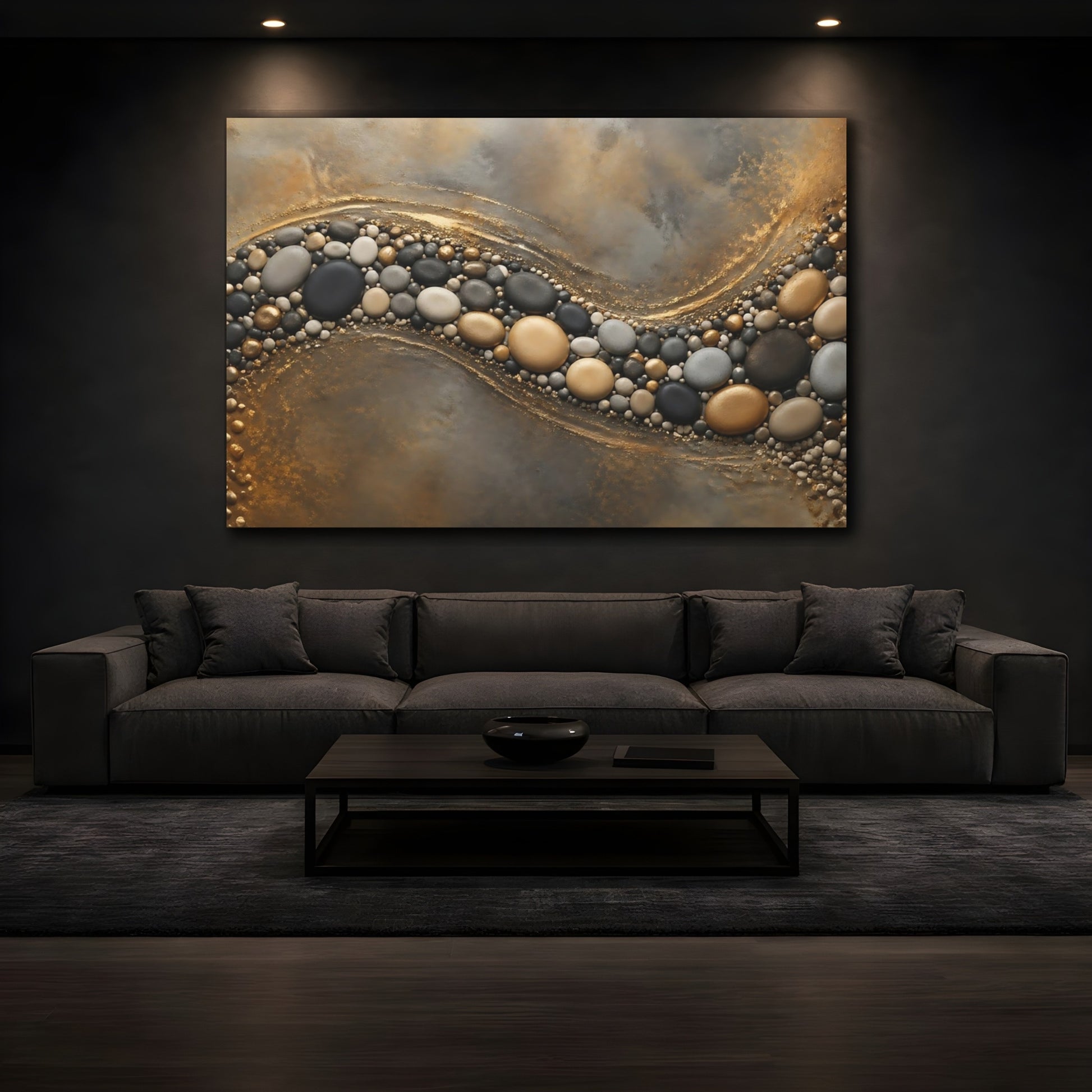 Mockup 4. Nature Pebbles Gold And Gray Pebbles shown as stretched canvas wall art