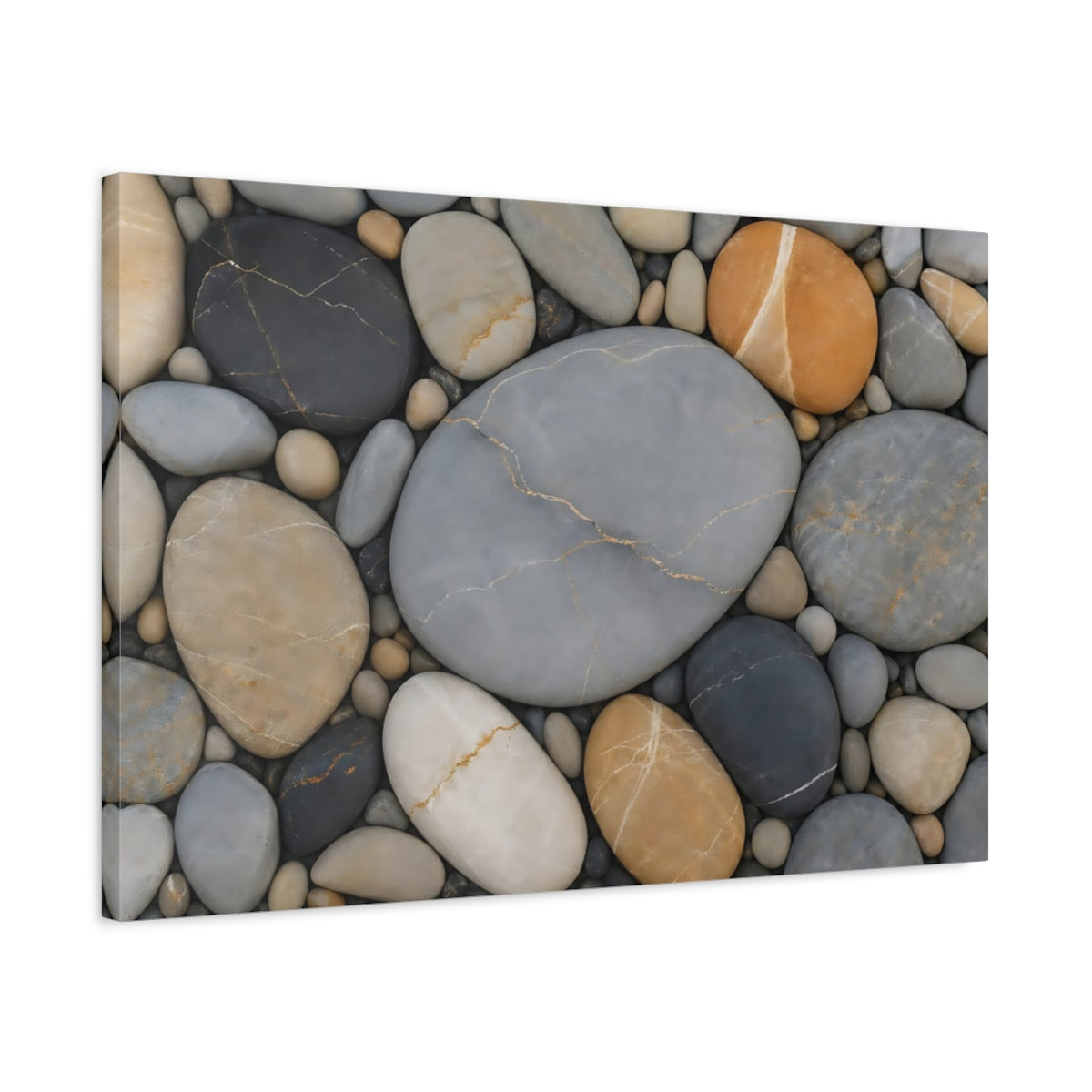 Side Mockup 2. Nature Pebbles Grey And Brown Pebbles shown as stretched canvas wall art