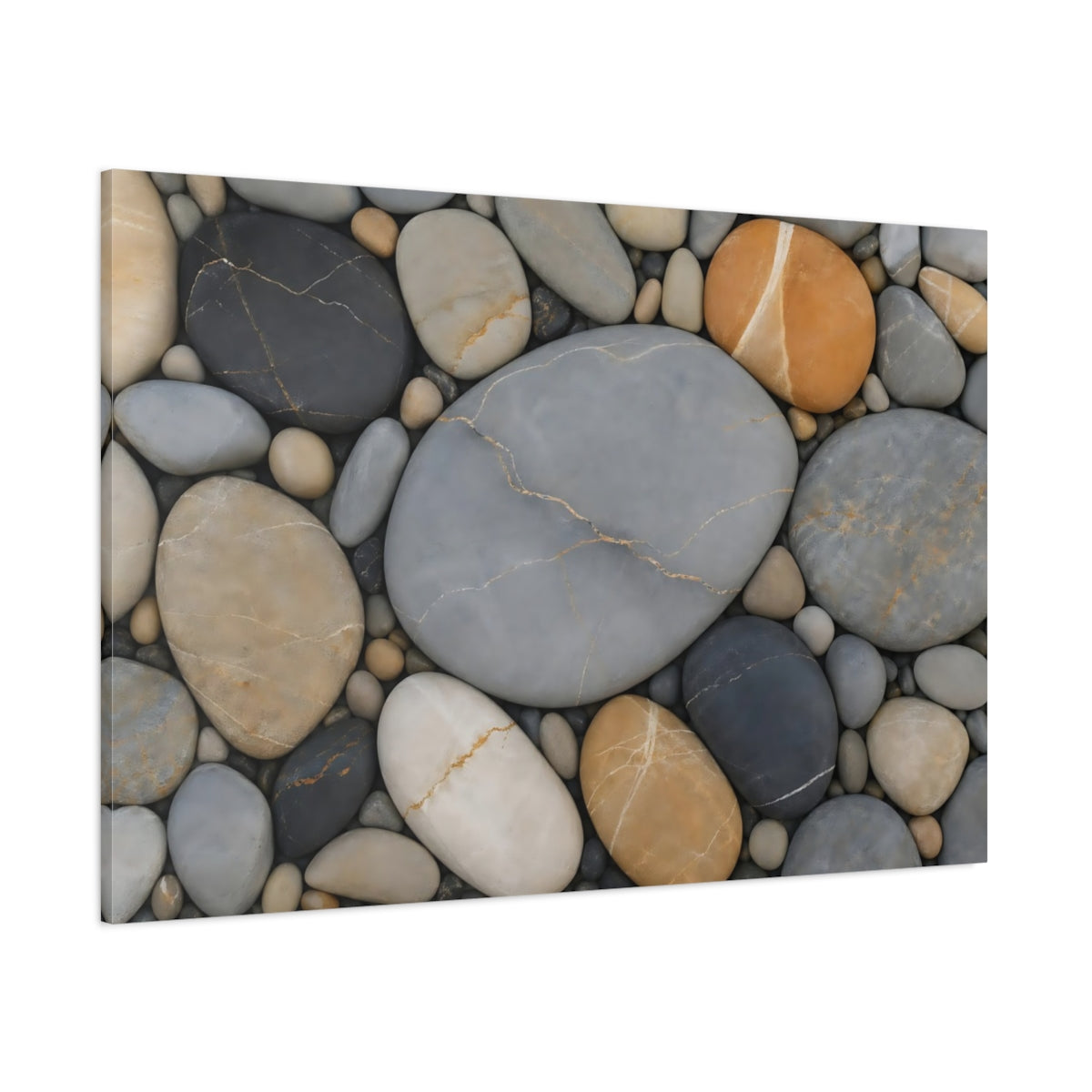 Side Mockup 1. Nature Pebbles Grey And Brown Pebbles shown as stretched canvas wall art