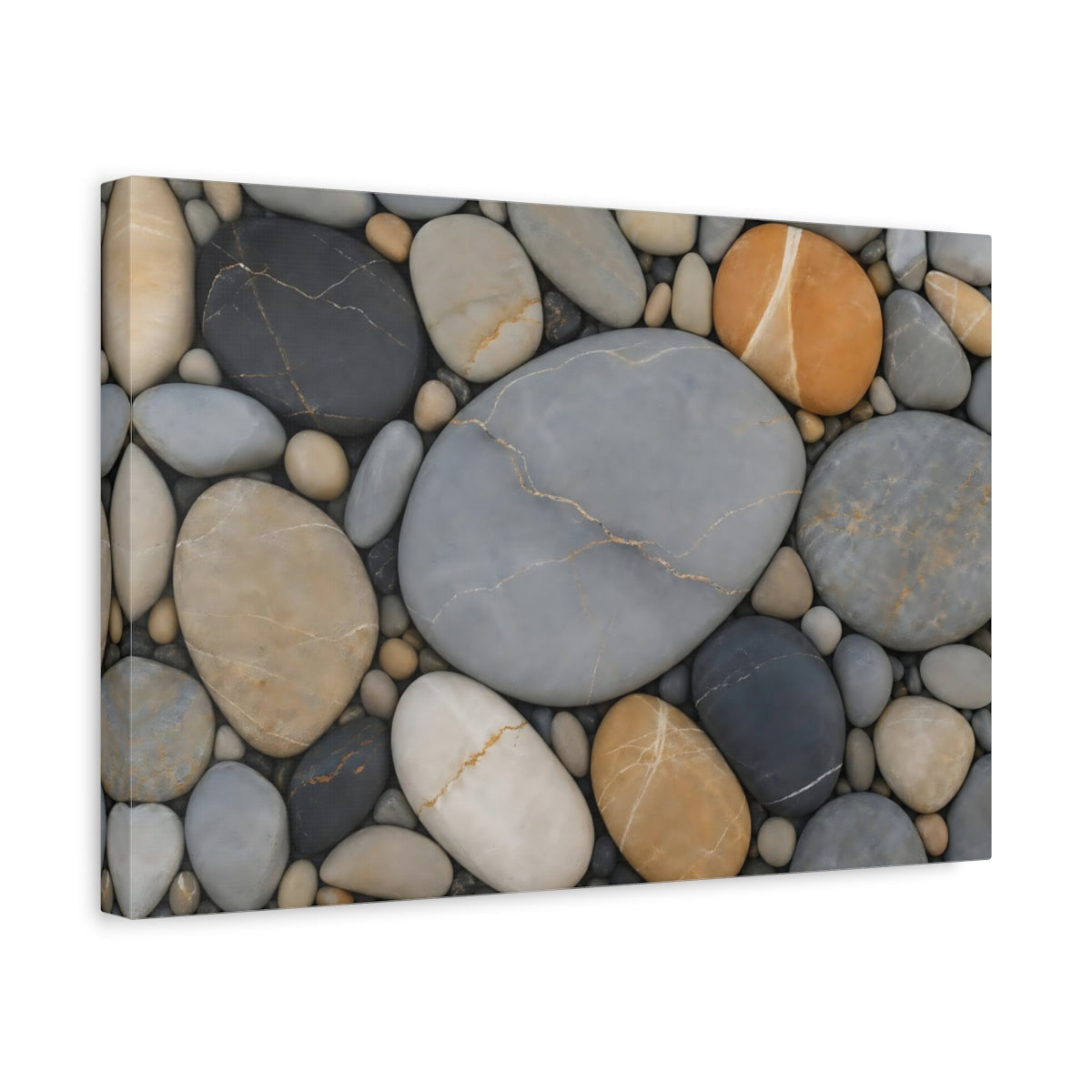 Side Mockup 4. Nature Pebbles Grey And Brown Pebbles shown as stretched canvas wall art