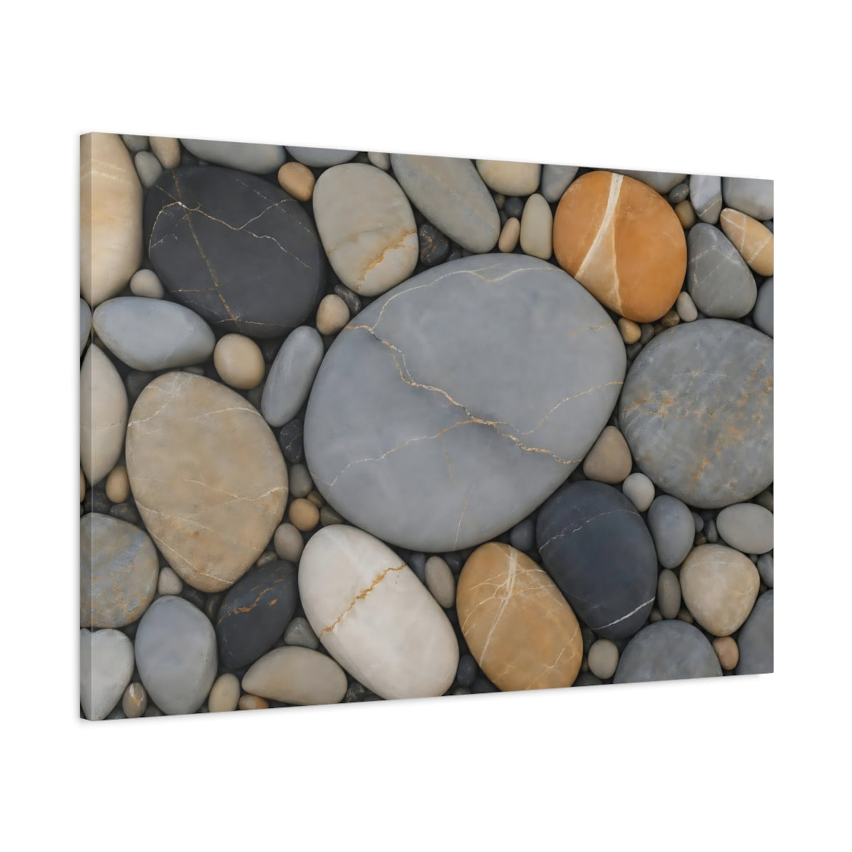 Main Mockup. Nature Pebbles Grey And Brown Pebbles shown as stretched canvas wall art