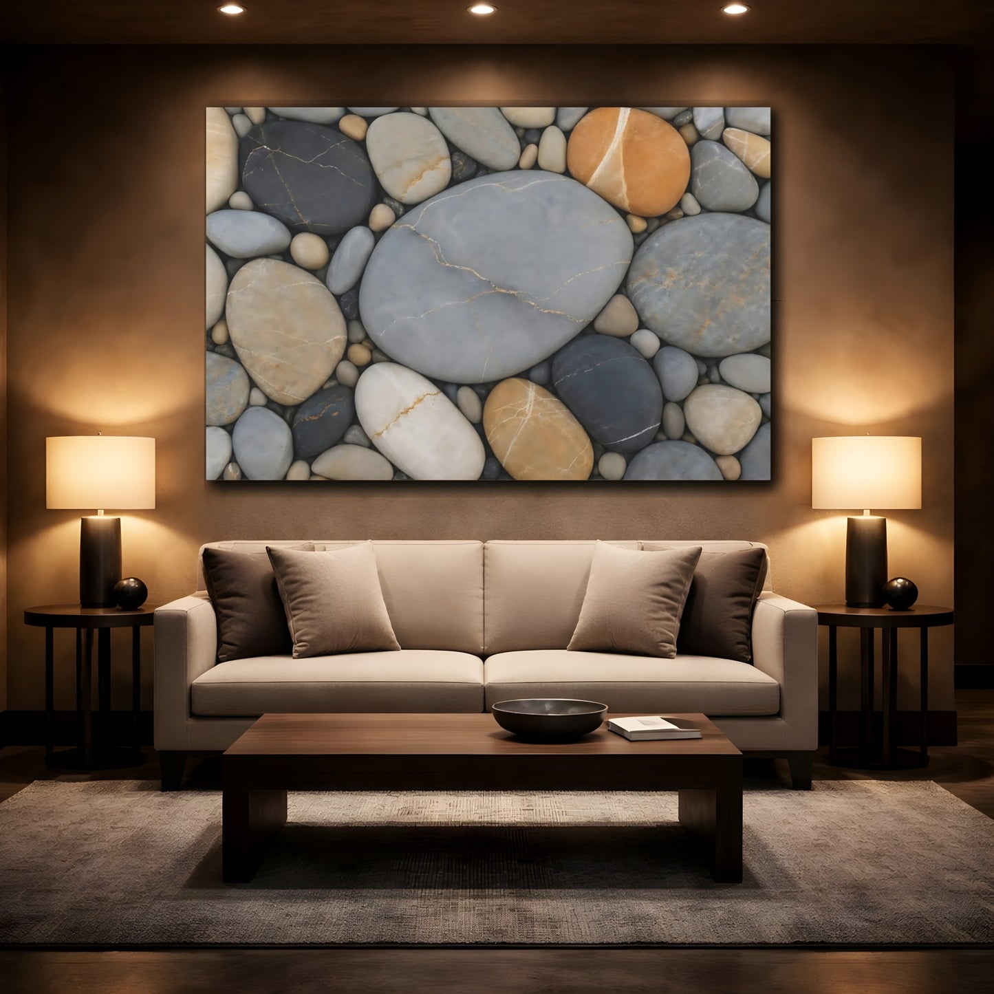 Mockup 2. Nature Pebbles Grey And Brown Pebbles shown as stretched canvas wall art