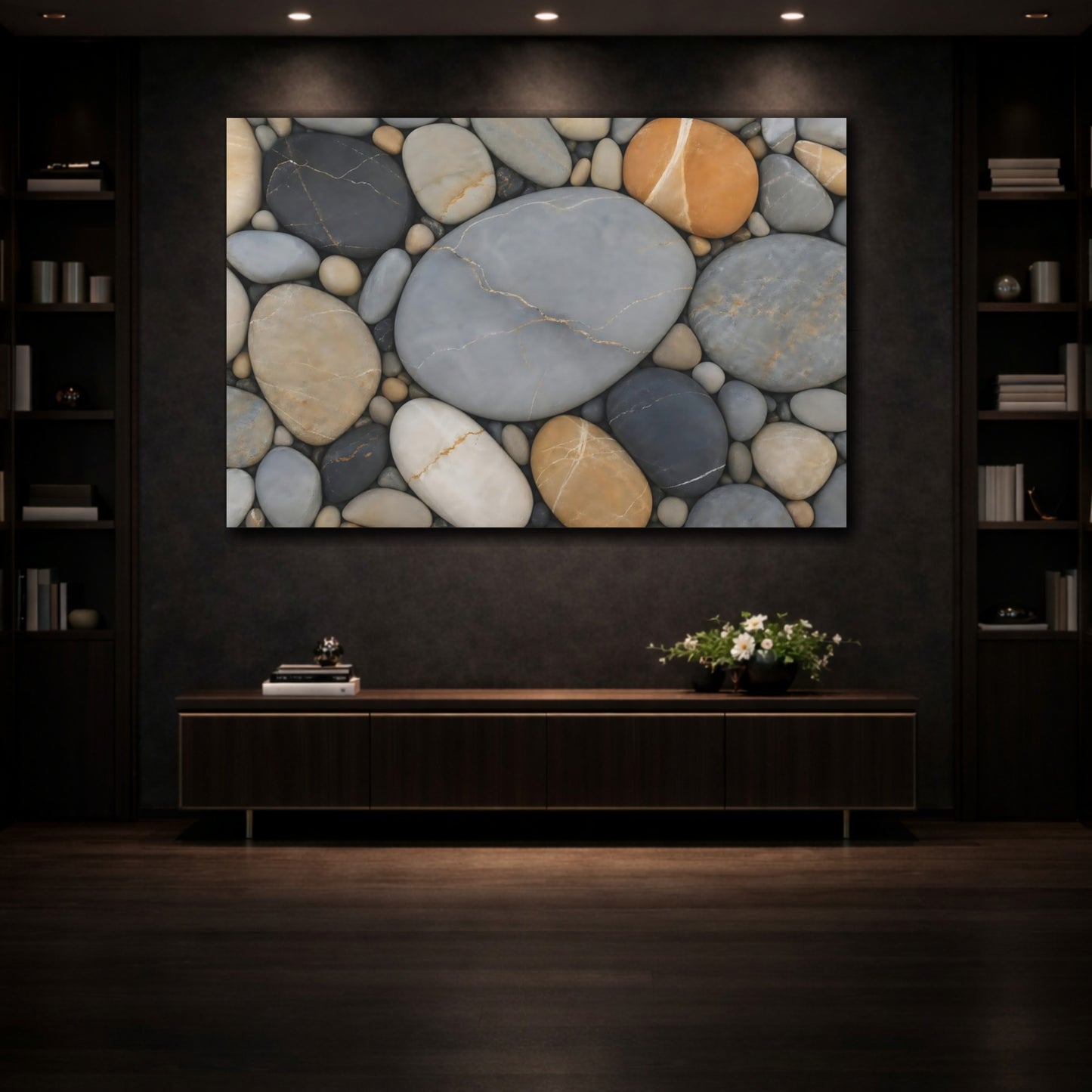 Mockup 3. Nature Pebbles Grey And Brown Pebbles shown as stretched canvas wall art