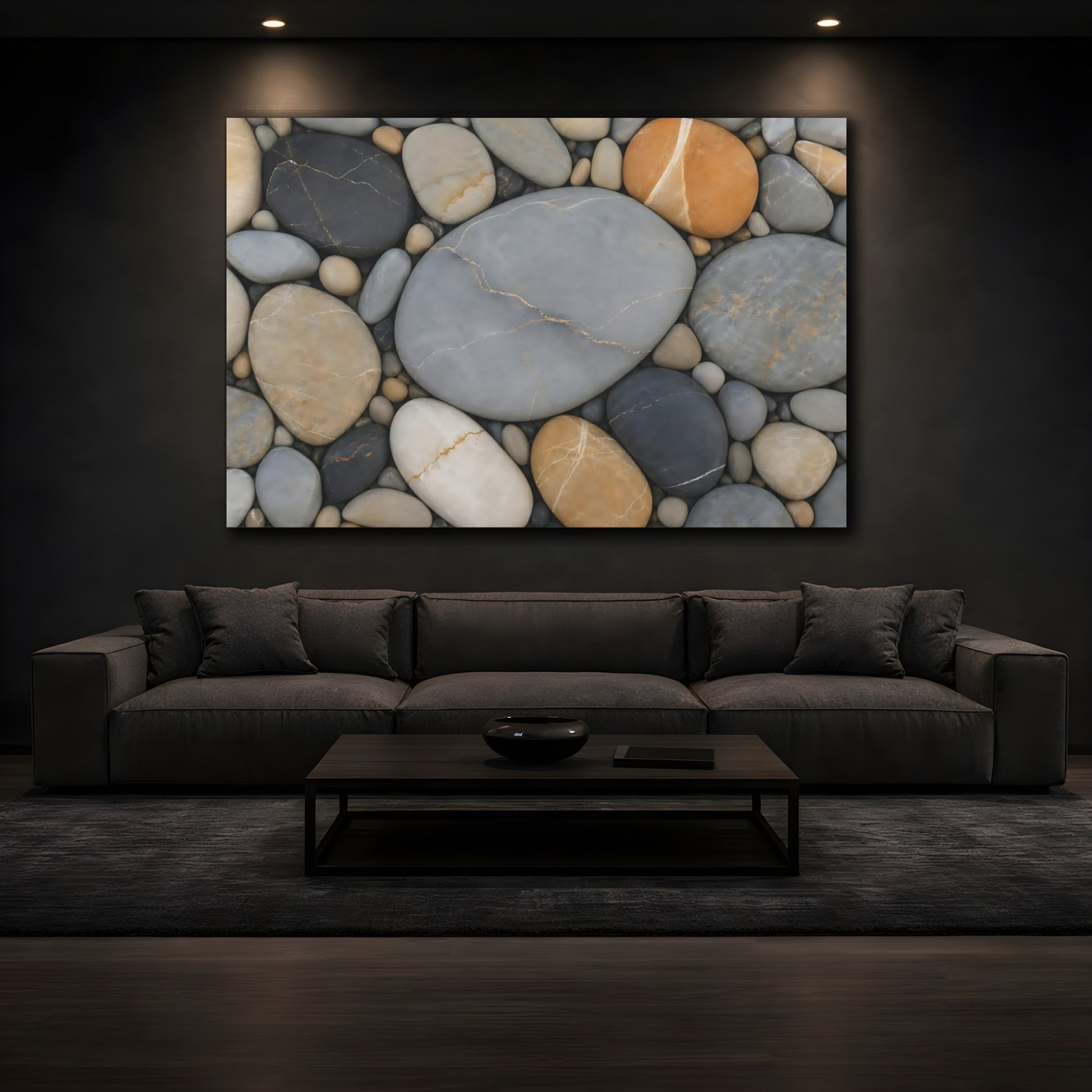 Mockup 4. Nature Pebbles Grey And Brown Pebbles shown as stretched canvas wall art