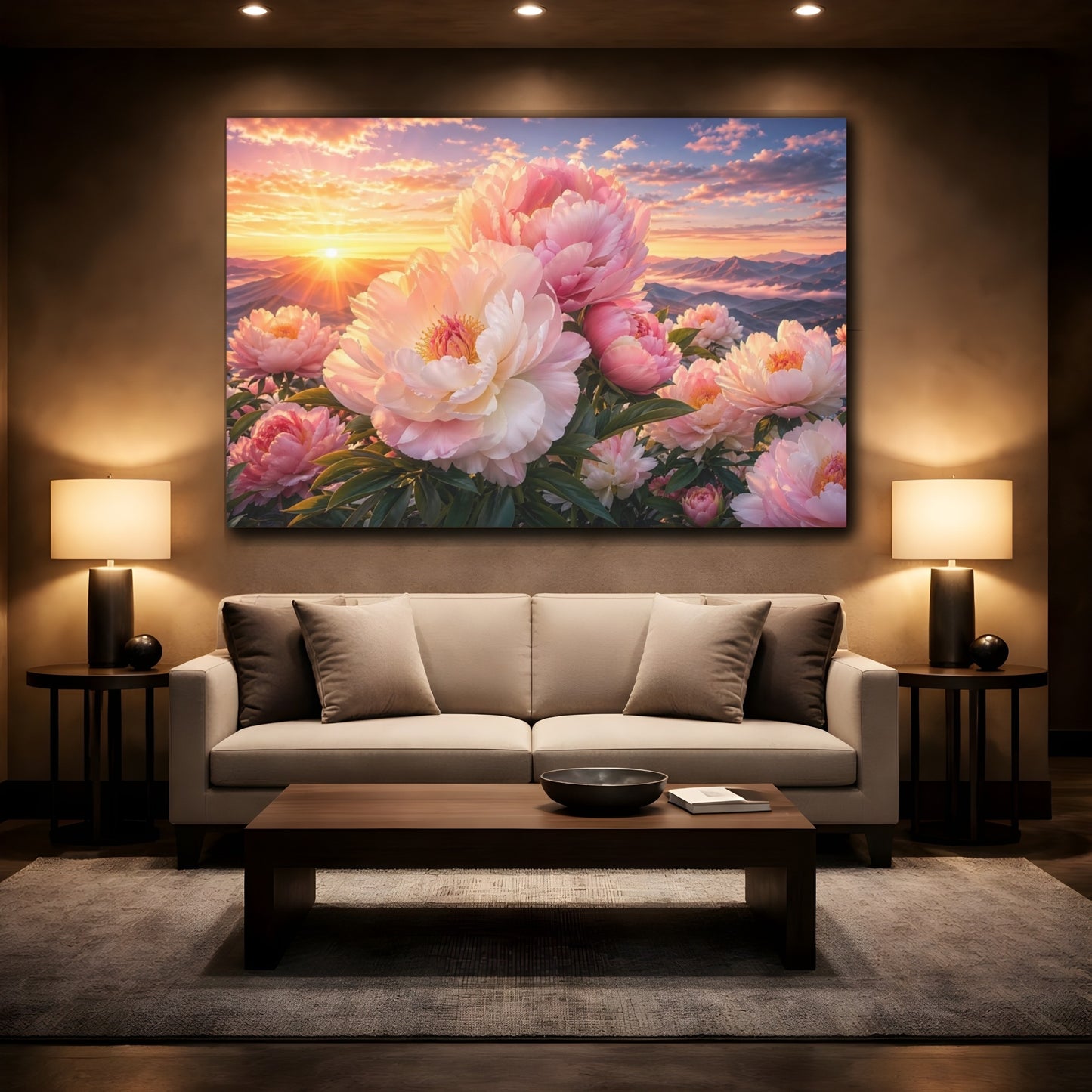 Mockup 2. Nature Peonies Pink Peonies Sunset shown as stretched canvas wall art