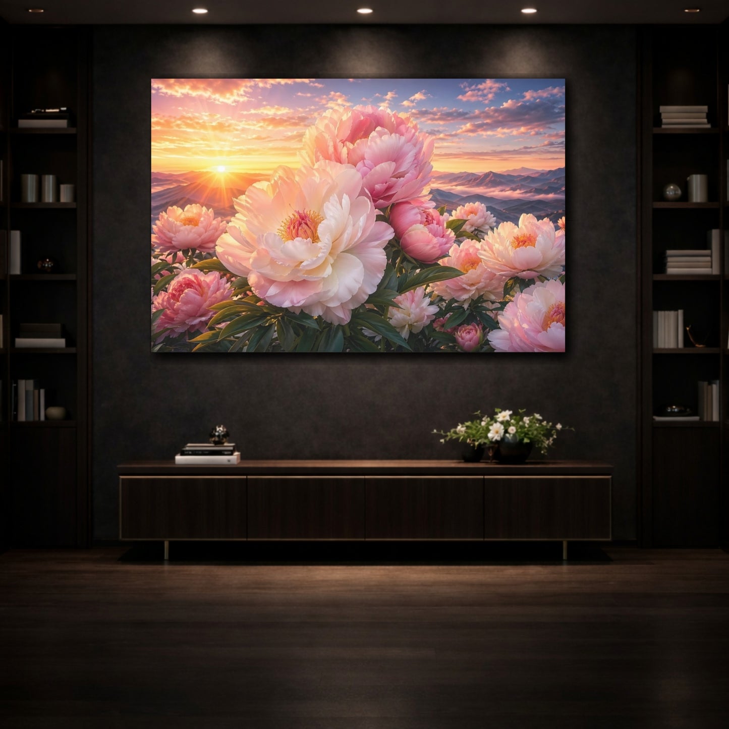 Mockup 3. Nature Peonies Pink Peonies Sunset shown as stretched canvas wall art