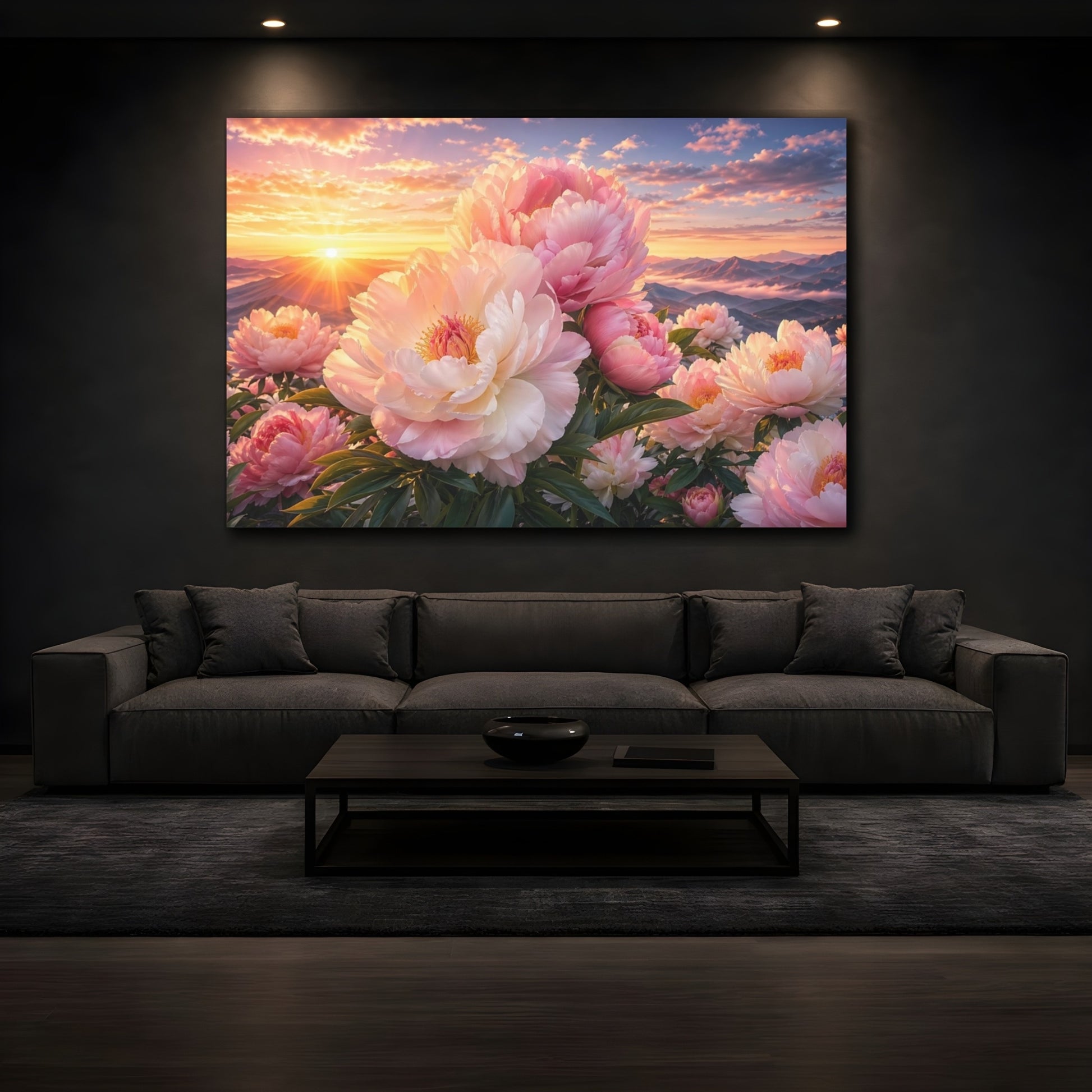Mockup 4. Nature Peonies Pink Peonies Sunset shown as stretched canvas wall art