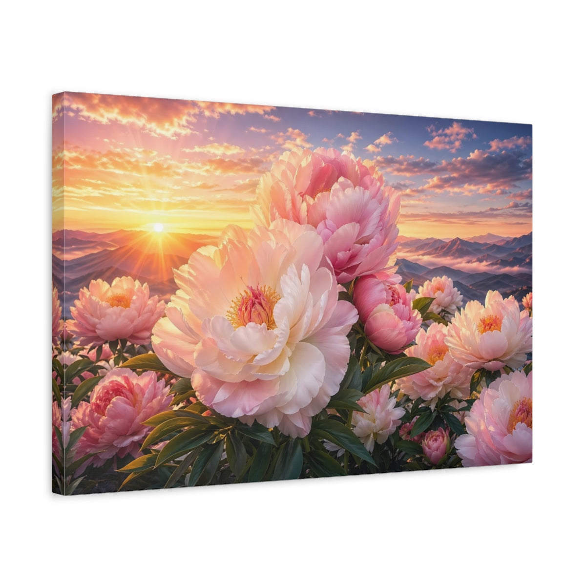 Side Mockup 3. Nature Peonies Pink Peonies Sunset shown as stretched canvas wall art