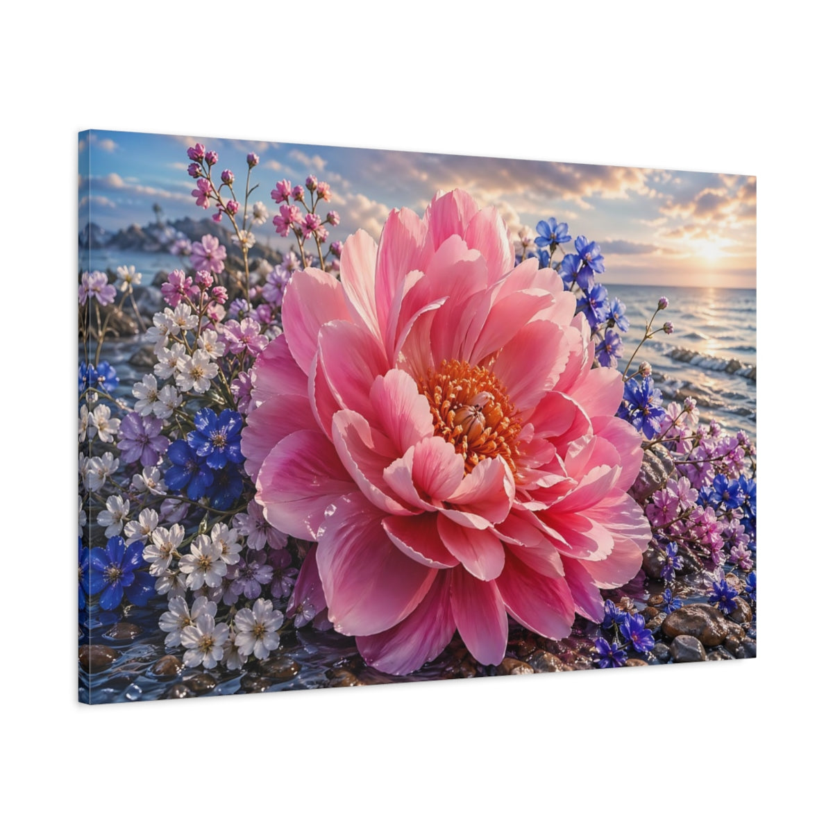 Main Mockup. Nature Peony Flower Pink And Blue shown as stretched canvas wall art