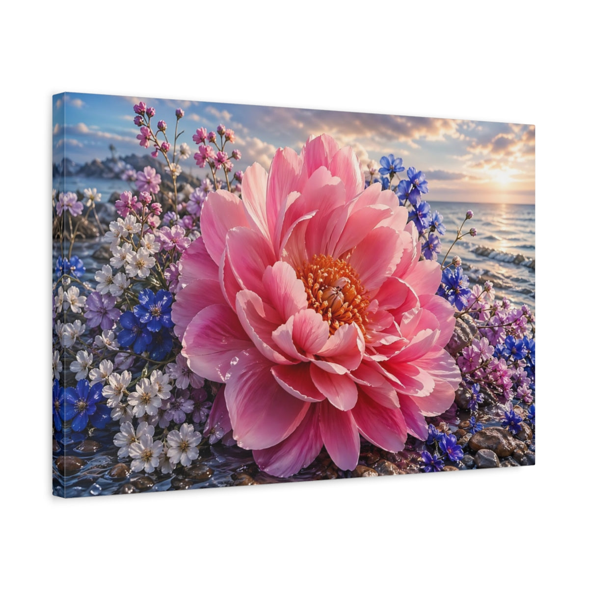 Side Mockup 3. Nature Peony Flower Pink And Blue shown as stretched canvas wall art