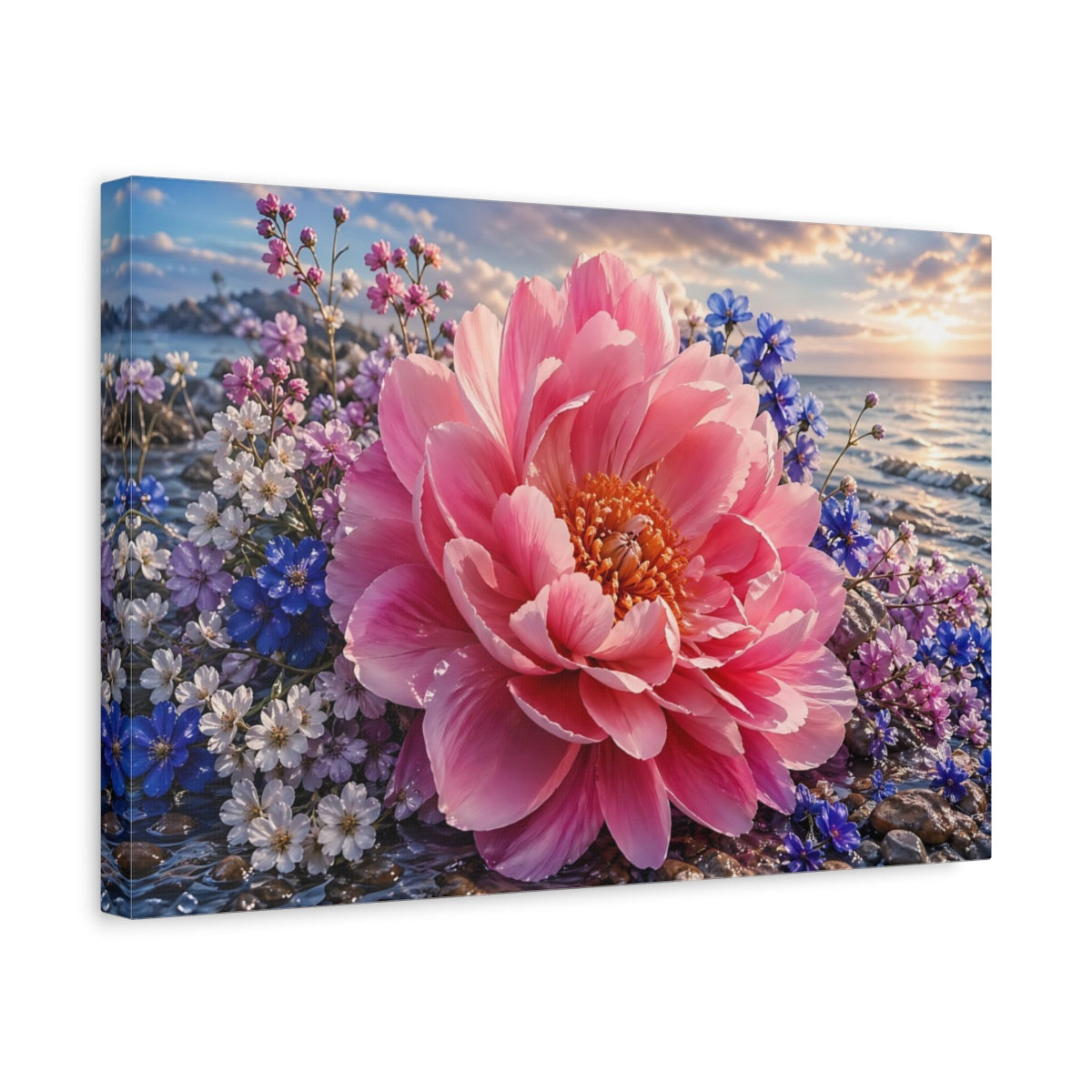 Side Mockup 4. Nature Peony Flower Pink And Blue shown as stretched canvas wall art