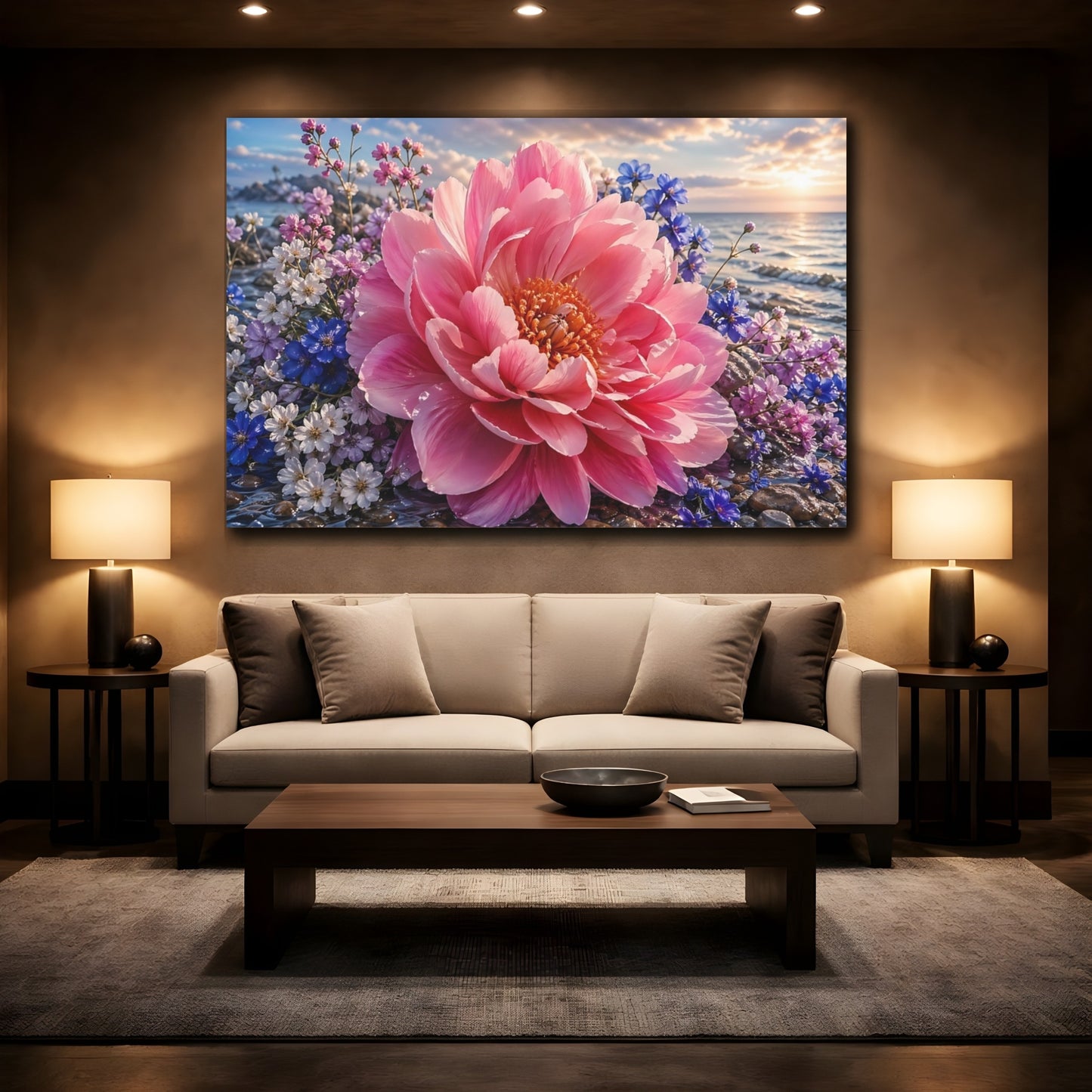 Mockup 2. Nature Peony Flower Pink And Blue shown as stretched canvas wall art