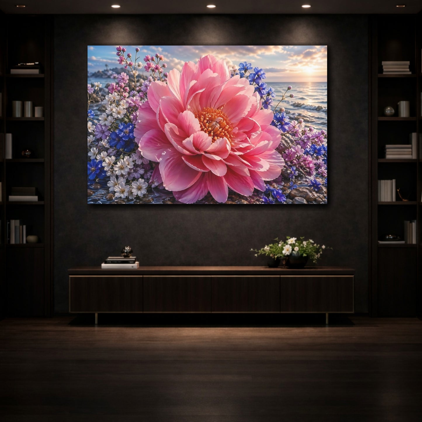 Mockup 3. Nature Peony Flower Pink And Blue shown as stretched canvas wall art