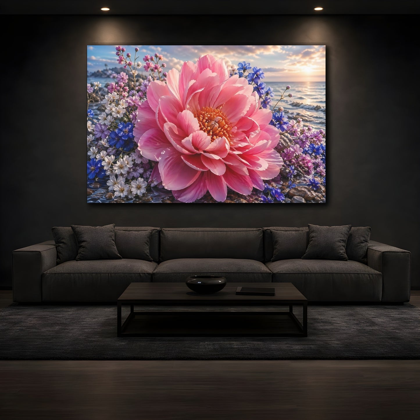 Mockup 4. Nature Peony Flower Pink And Blue shown as stretched canvas wall art