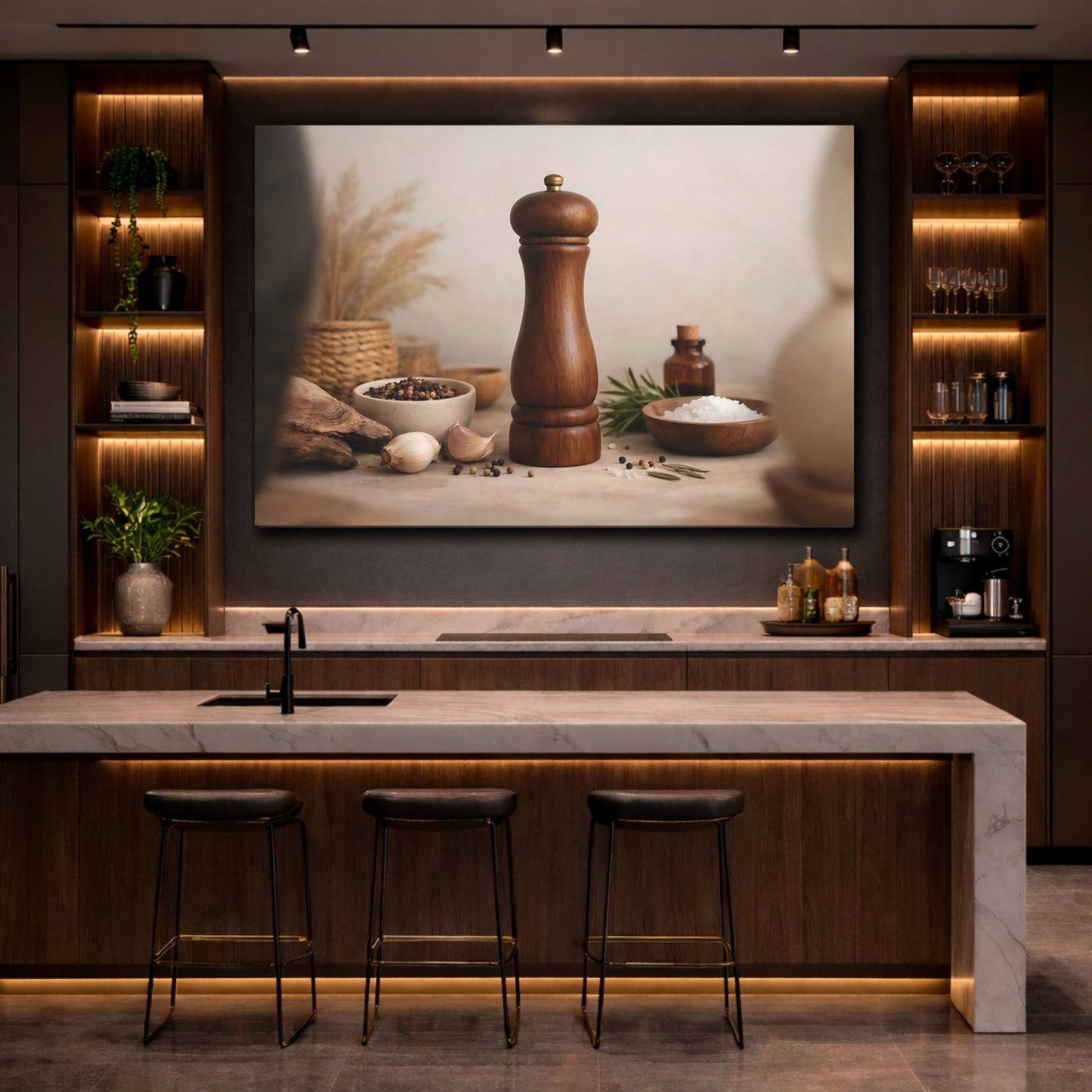 Nature Pepper Mill Brown And Beige Kitchen - Canvas Wall Art Print - YesArtYes