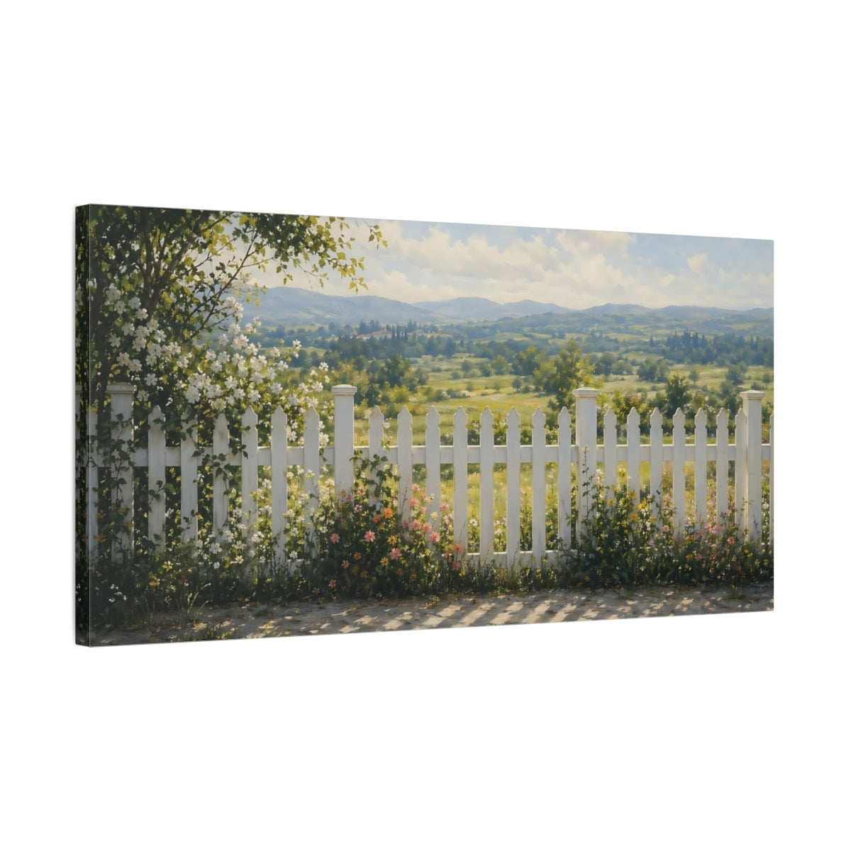 Side Mockup 1. Nature Picket Fence Green And White shown as stretched canvas wall art