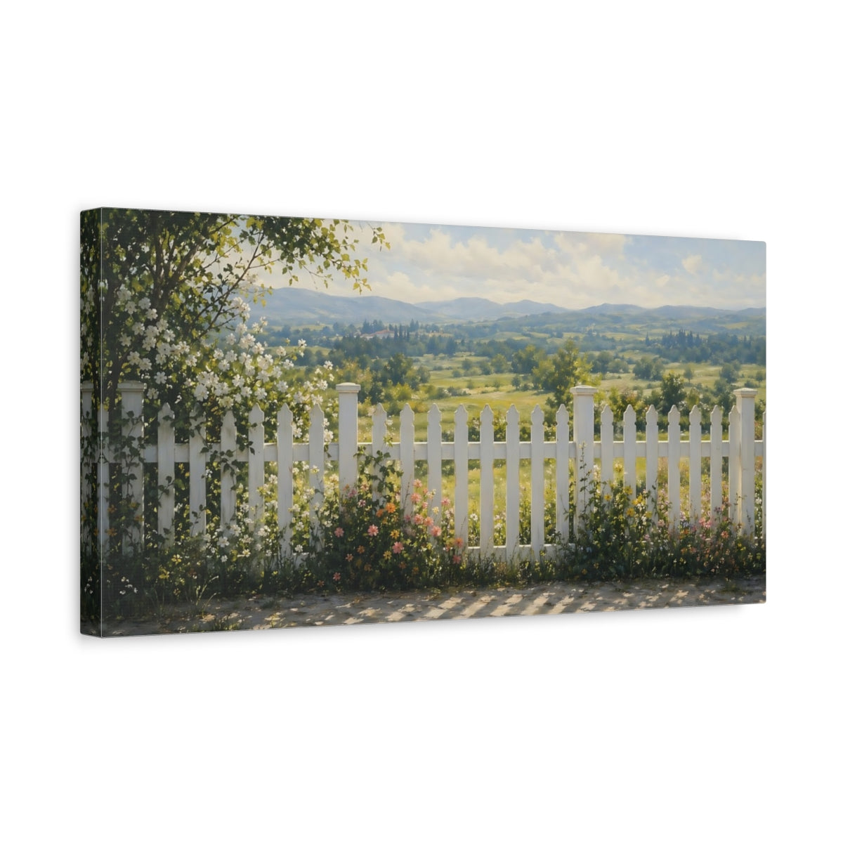 Side Mockup 3. Nature Picket Fence Green And White shown as stretched canvas wall art