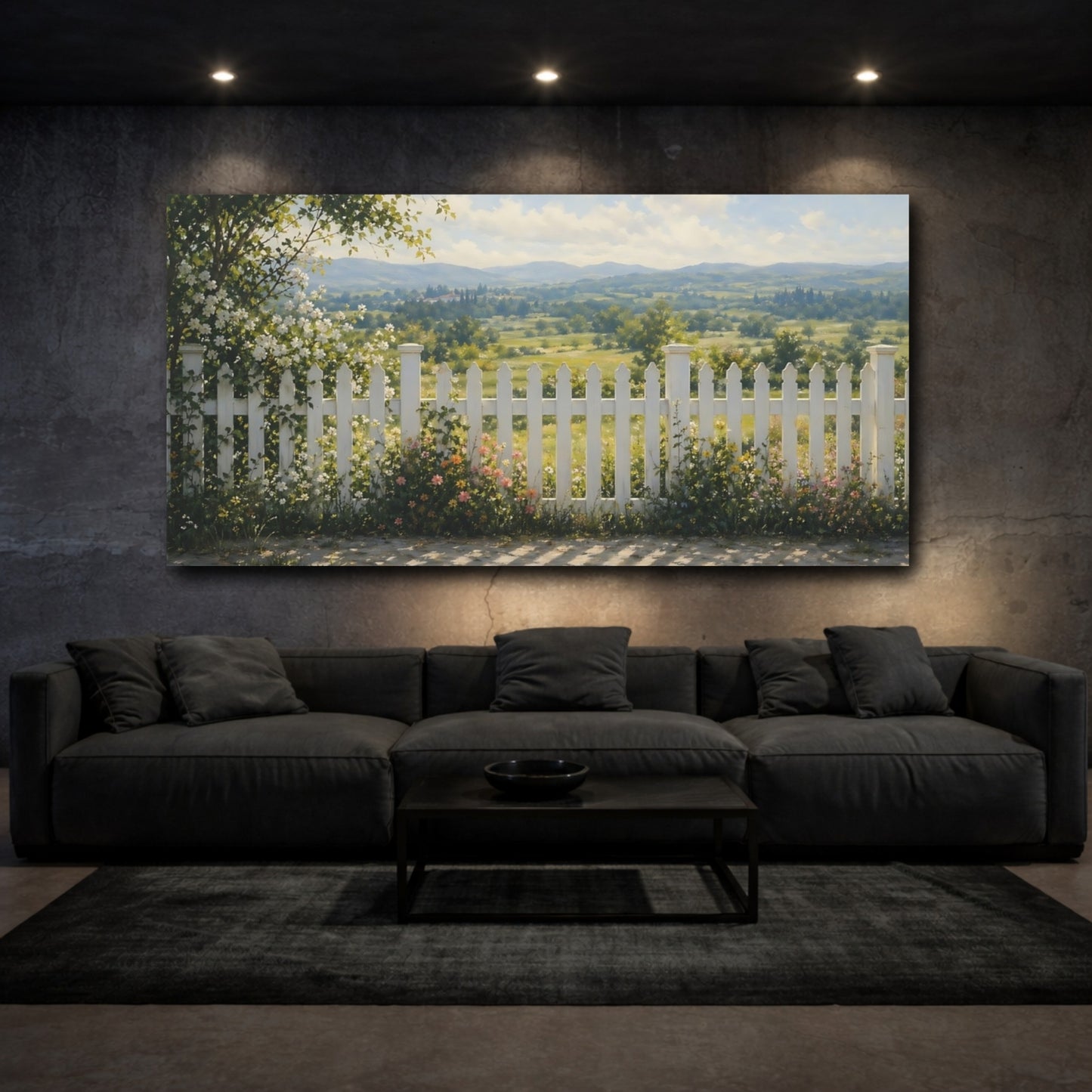 Mockup 2. Nature Picket Fence Green And White shown as stretched canvas wall art