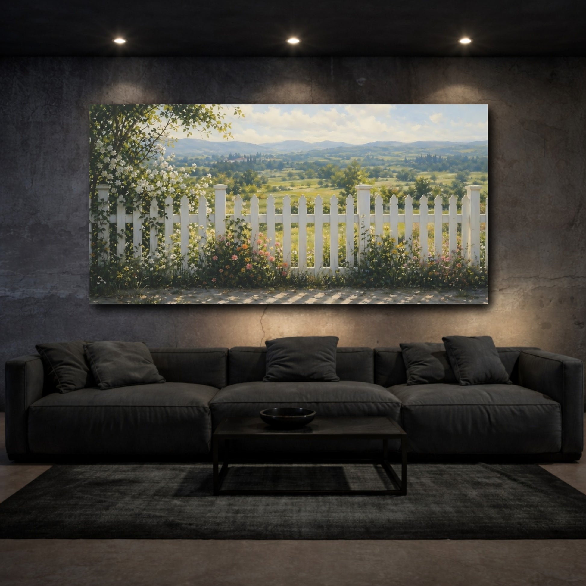 Mockup 2. Nature Picket Fence Green And White shown as stretched canvas wall art