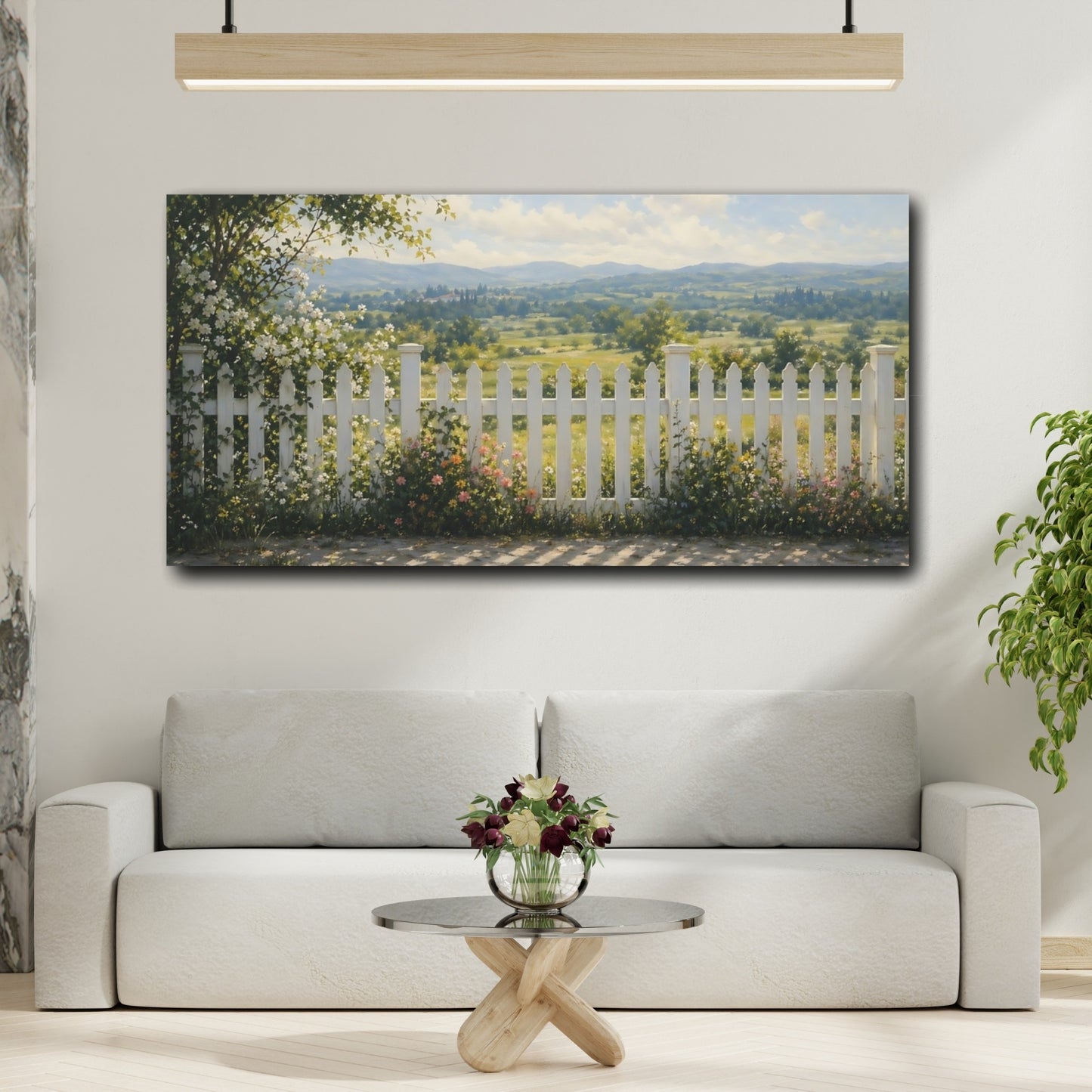 Mockup 3. Nature Picket Fence Green And White shown as stretched canvas wall art
