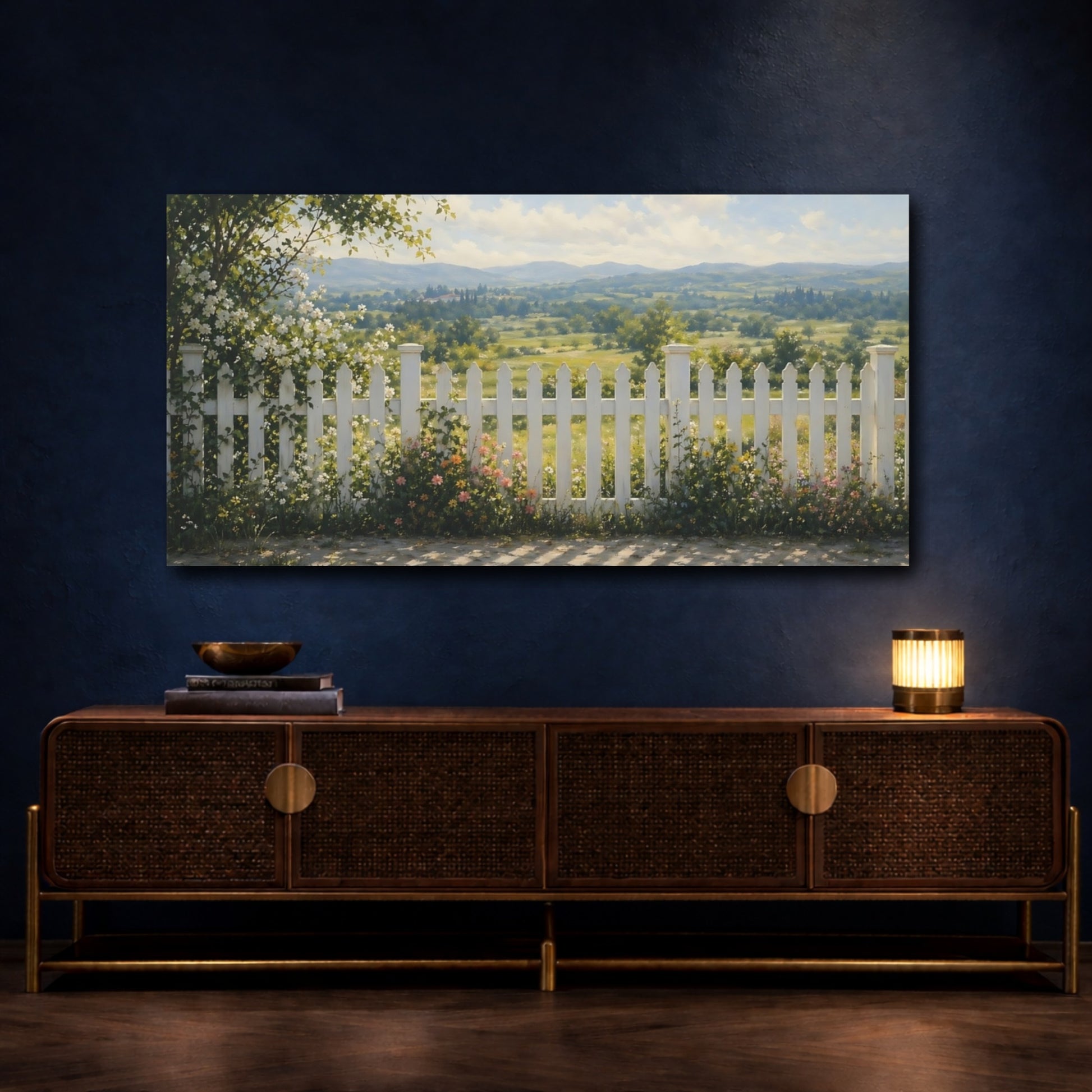 Mockup 4. Nature Picket Fence Green And White shown as stretched canvas wall art