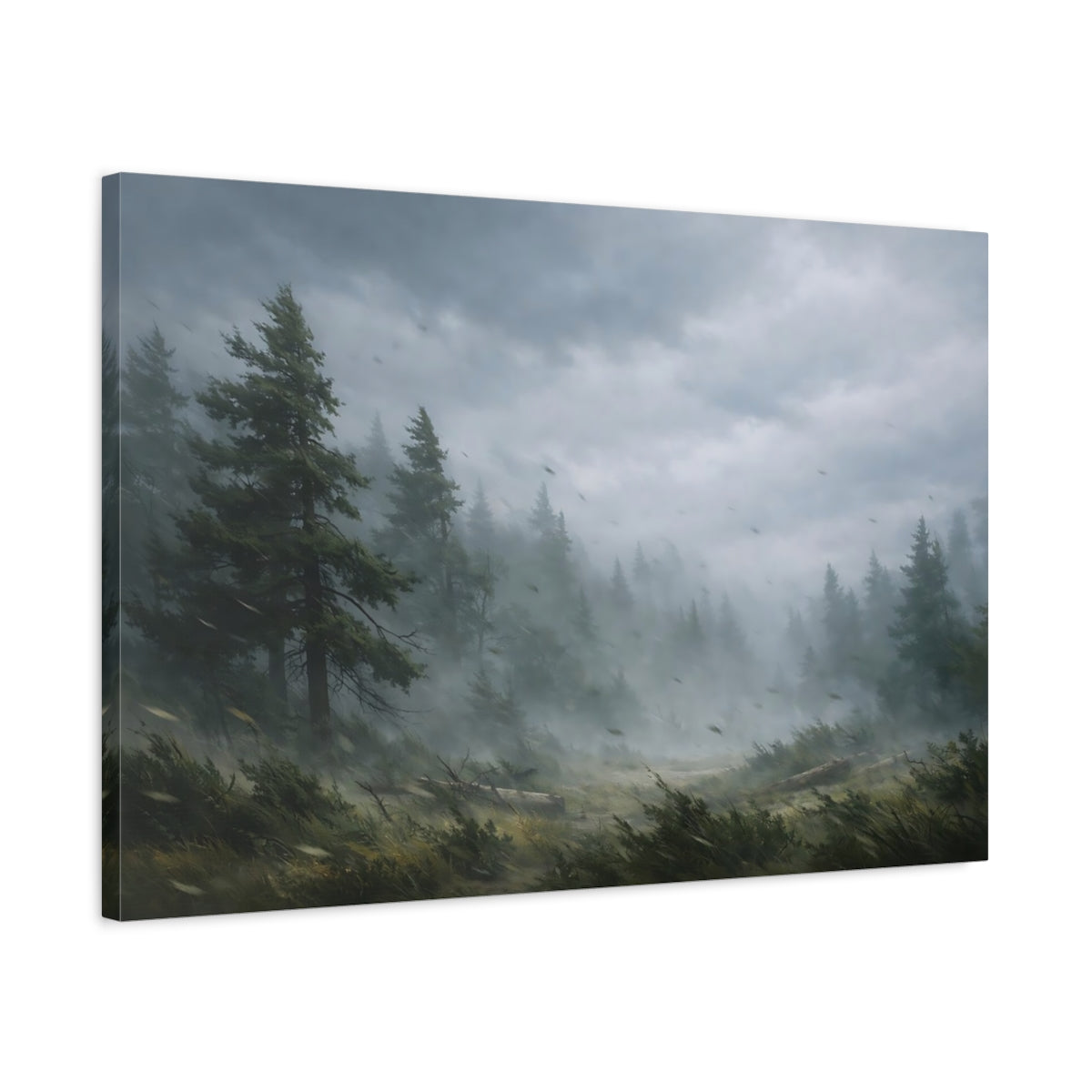 Side Mockup 2. Nature Pine Forest Green And Gray Landscape shown as stretched canvas wall art