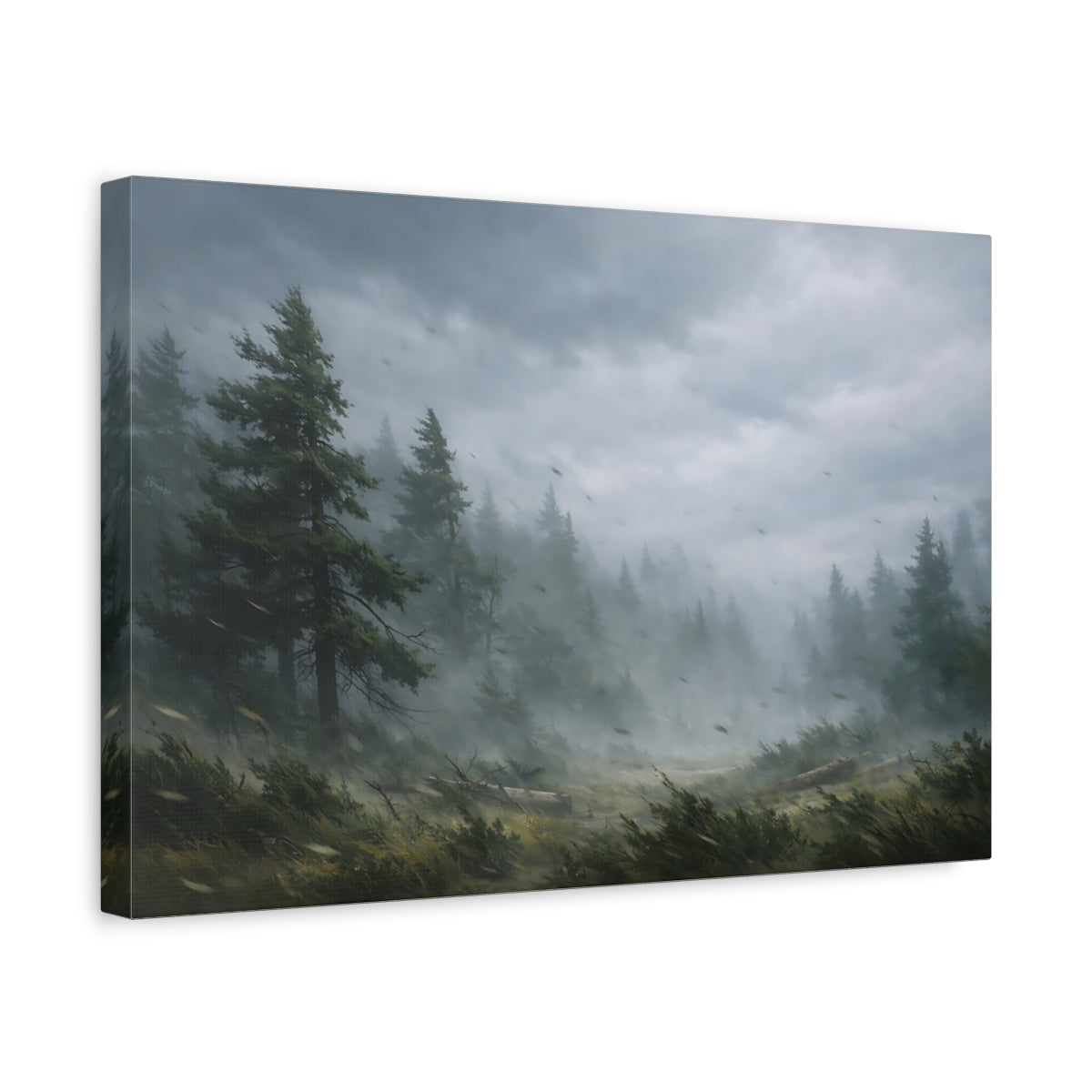 Side Mockup 4. Nature Pine Forest Green And Gray Landscape shown as stretched canvas wall art