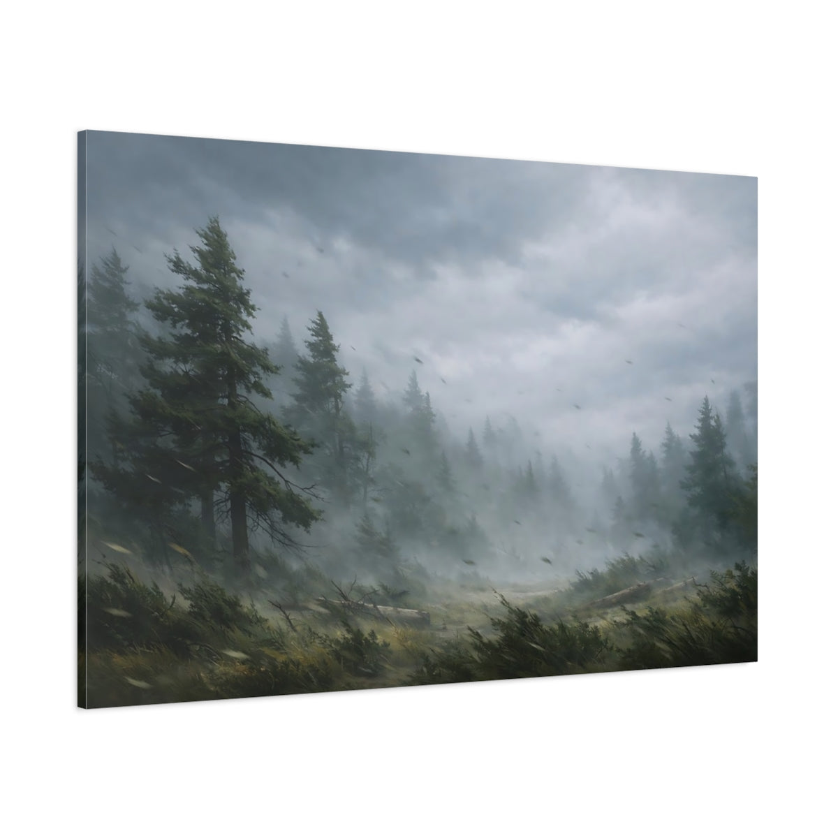 Side Mockup 1. Nature Pine Forest Green And Gray Landscape shown as stretched canvas wall art