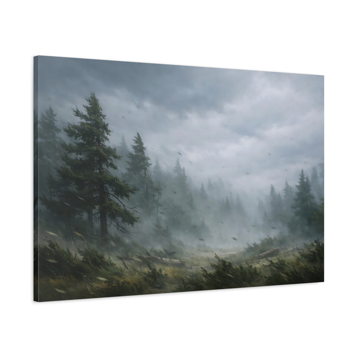Main Mockup. Nature Pine Forest Green And Gray Landscape shown as stretched canvas wall art