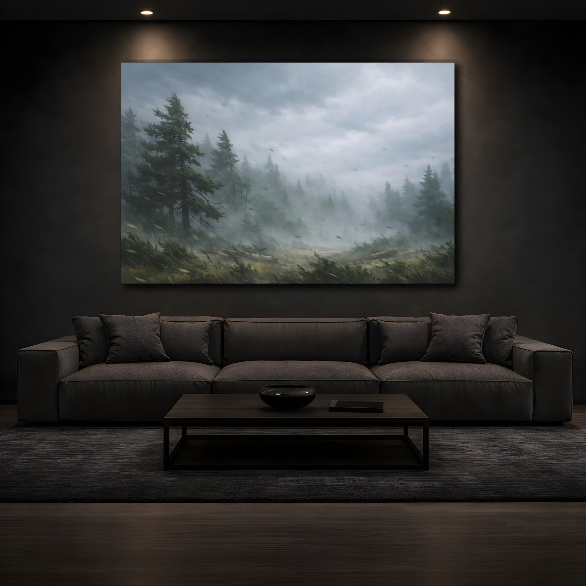 Mockup 2. Nature Pine Forest Green And Gray Landscape shown as stretched canvas wall art