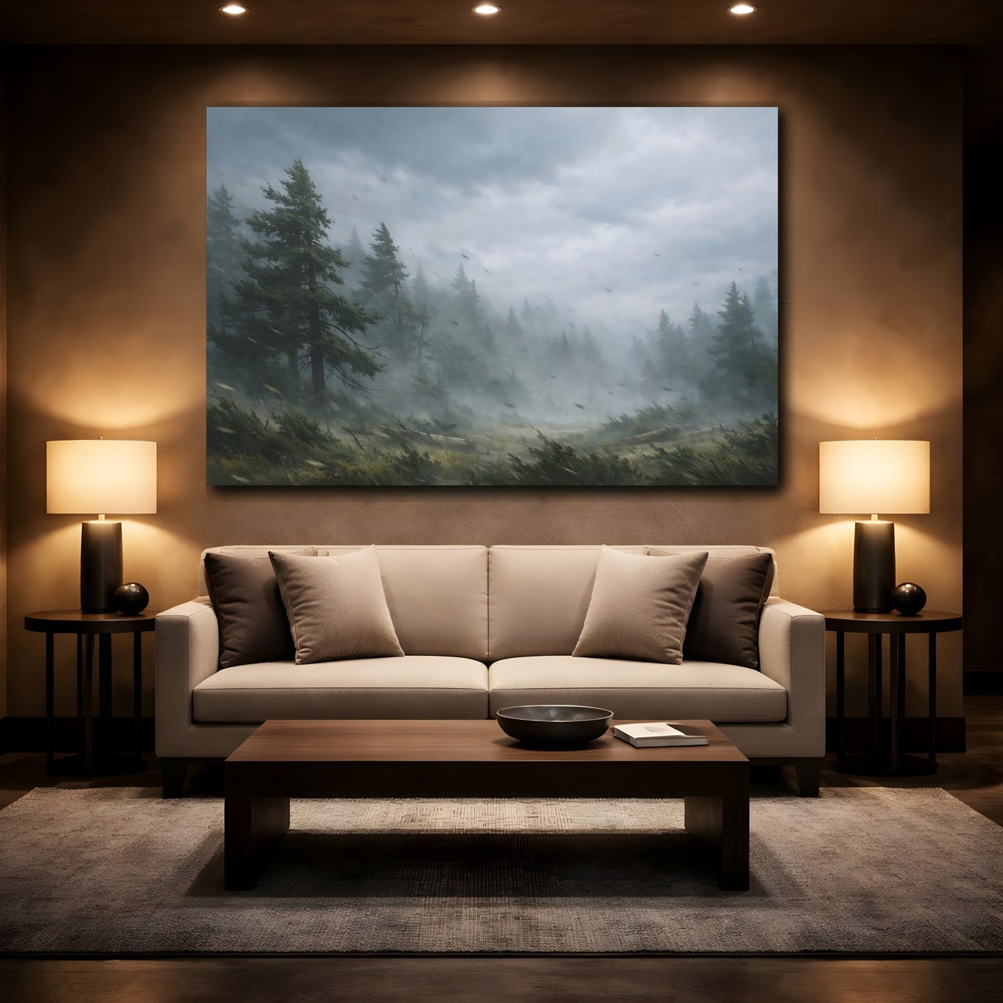 Mockup 3. Nature Pine Forest Green And Gray Landscape shown as stretched canvas wall art