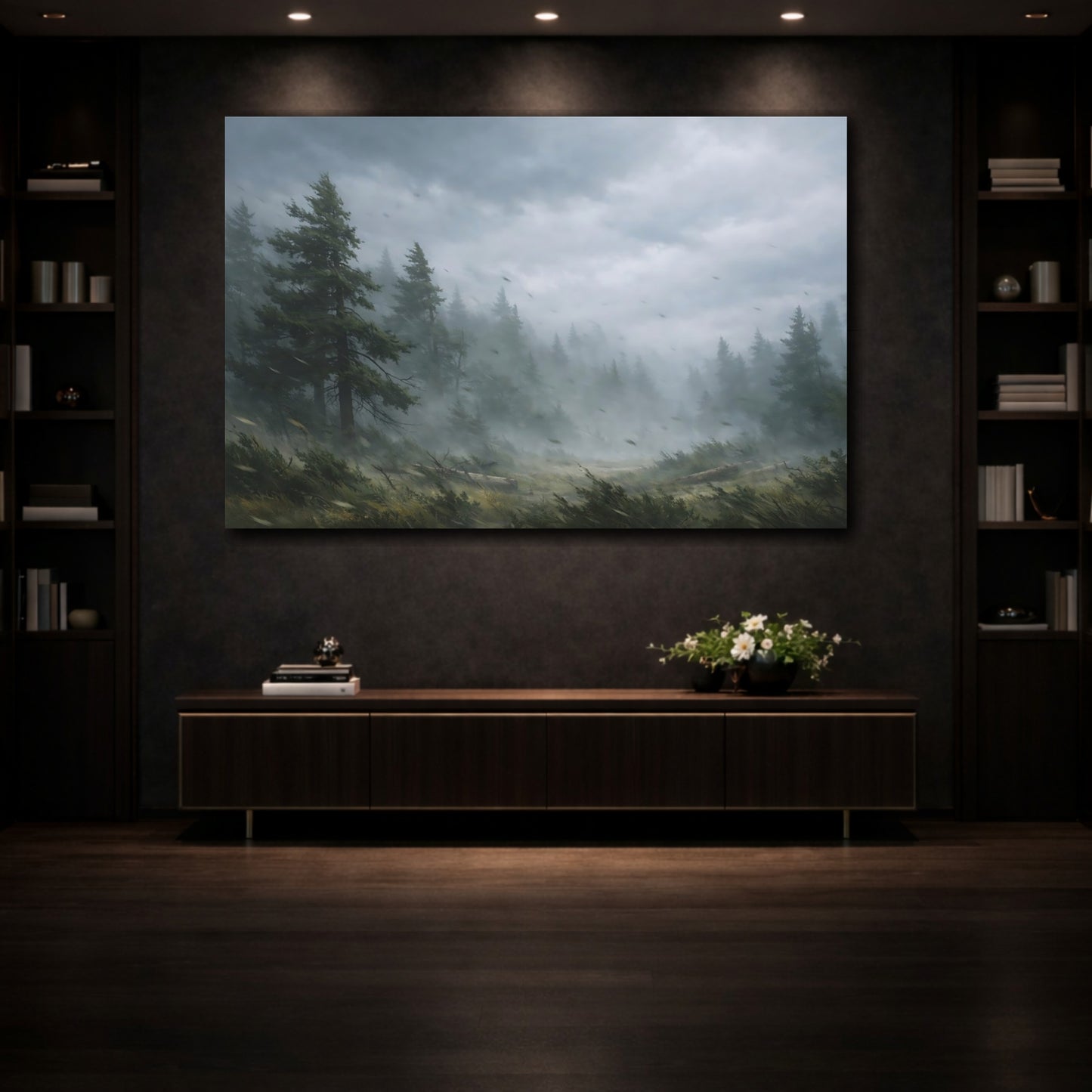 Mockup 4. Nature Pine Forest Green And Gray Landscape shown as stretched canvas wall art