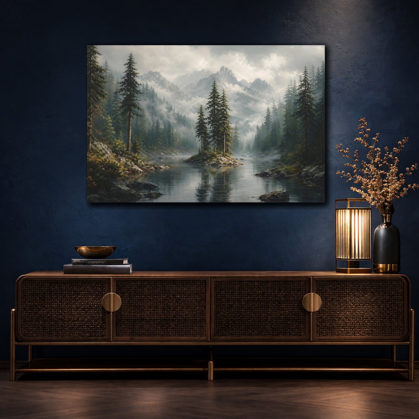 Mockup 4. Nature Pine Forest Green Forest Landscape shown as stretched canvas wall art