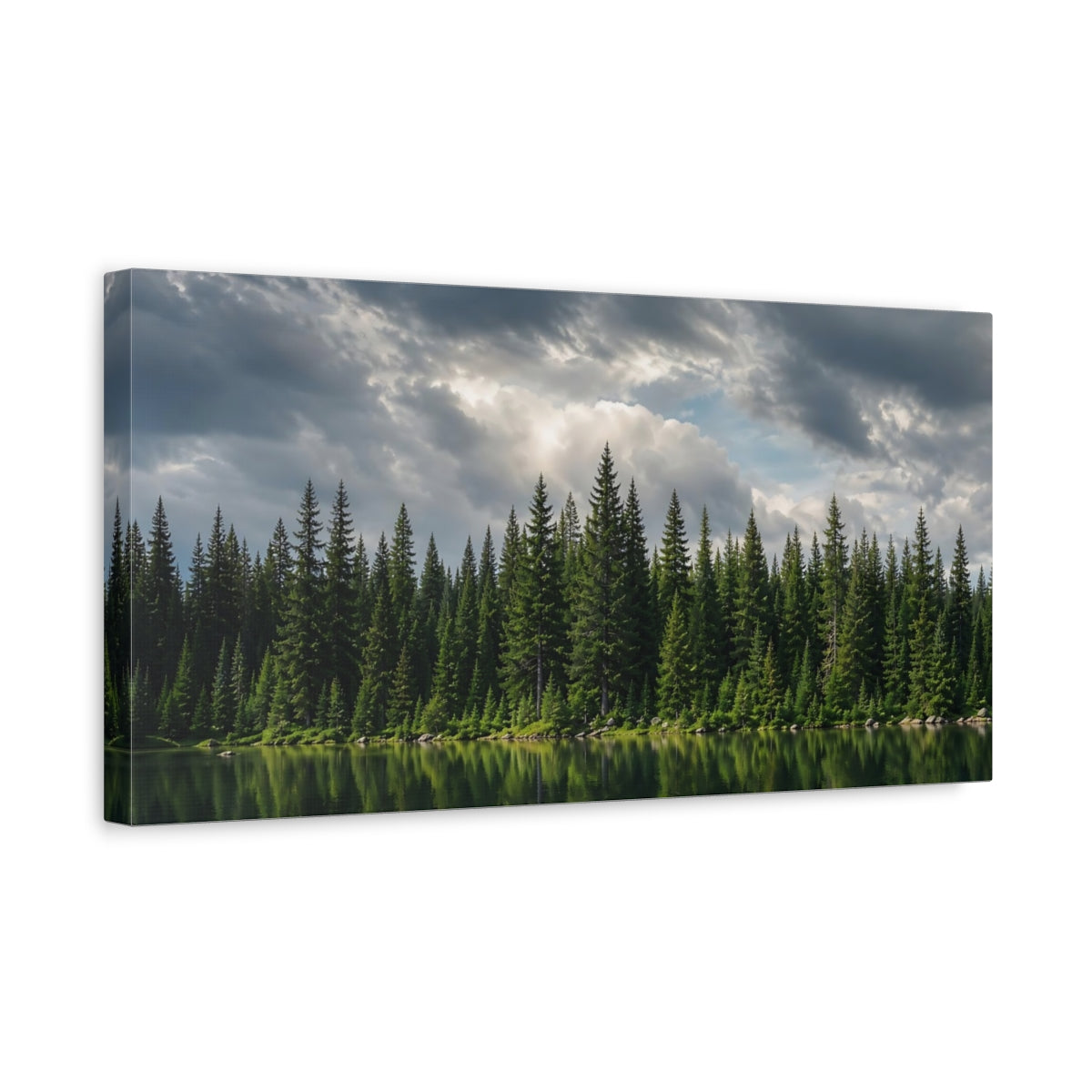 Side Mockup 3. Nature Pine Forest Green Forest Landscape shown as stretched canvas wall art