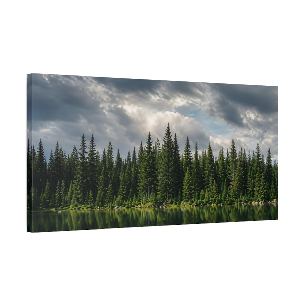 Side Mockup 1. Nature Pine Forest Green Forest Landscape shown as stretched canvas wall art