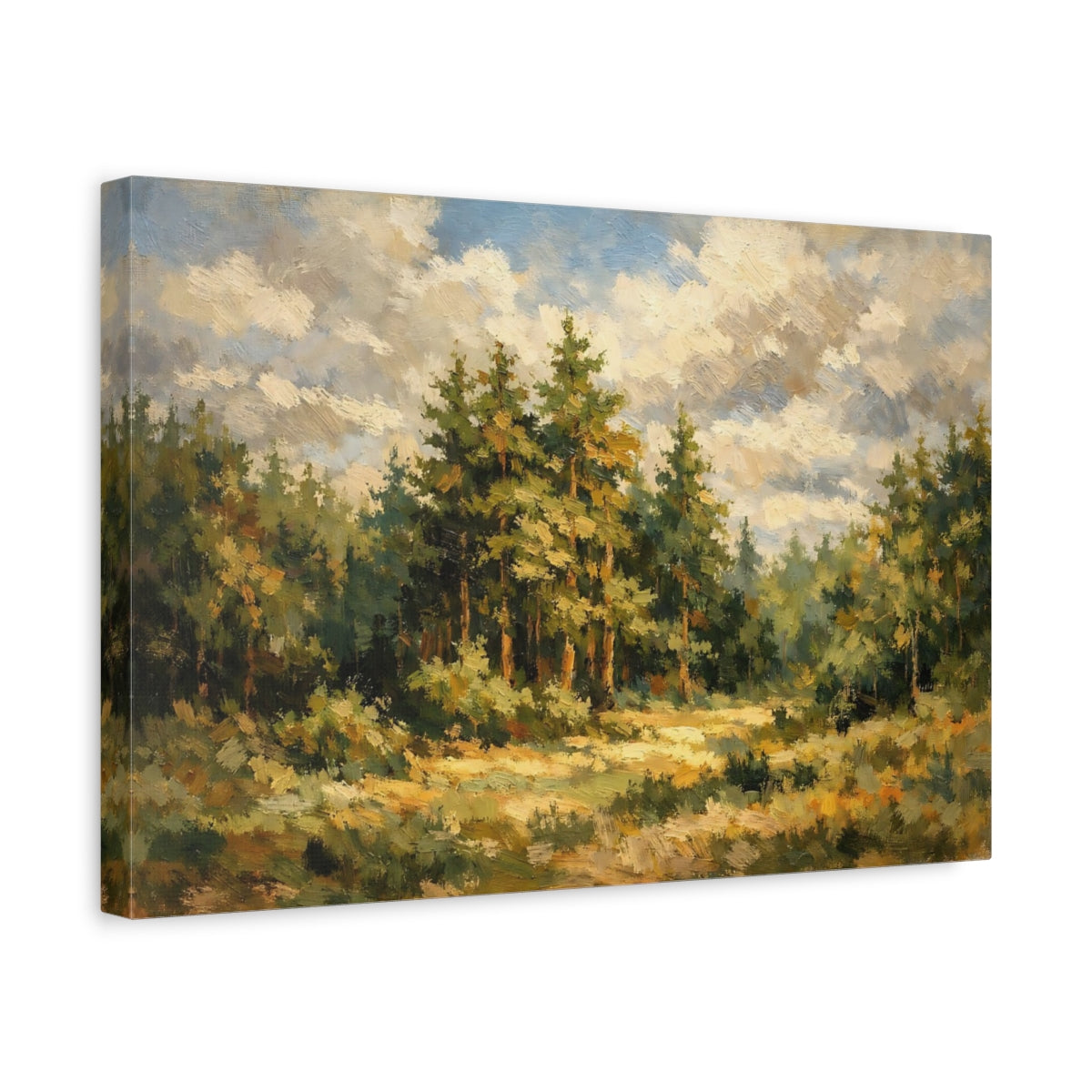 Side Mockup 4. Nature Pine Forest Green Forest Landscape shown as stretched canvas wall art
