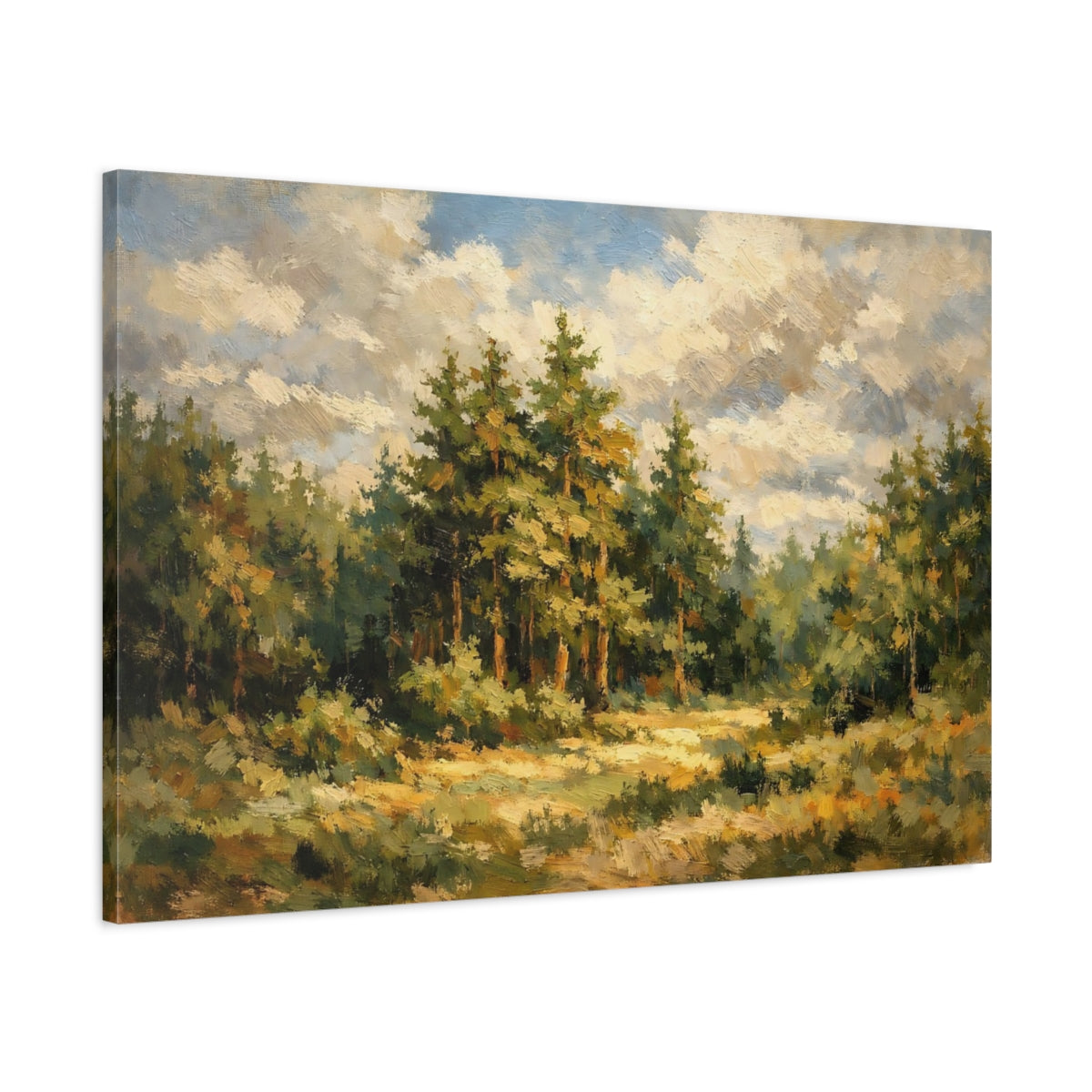 Side Mockup 1. Nature Pine Forest Green Forest Landscape shown as stretched canvas wall art