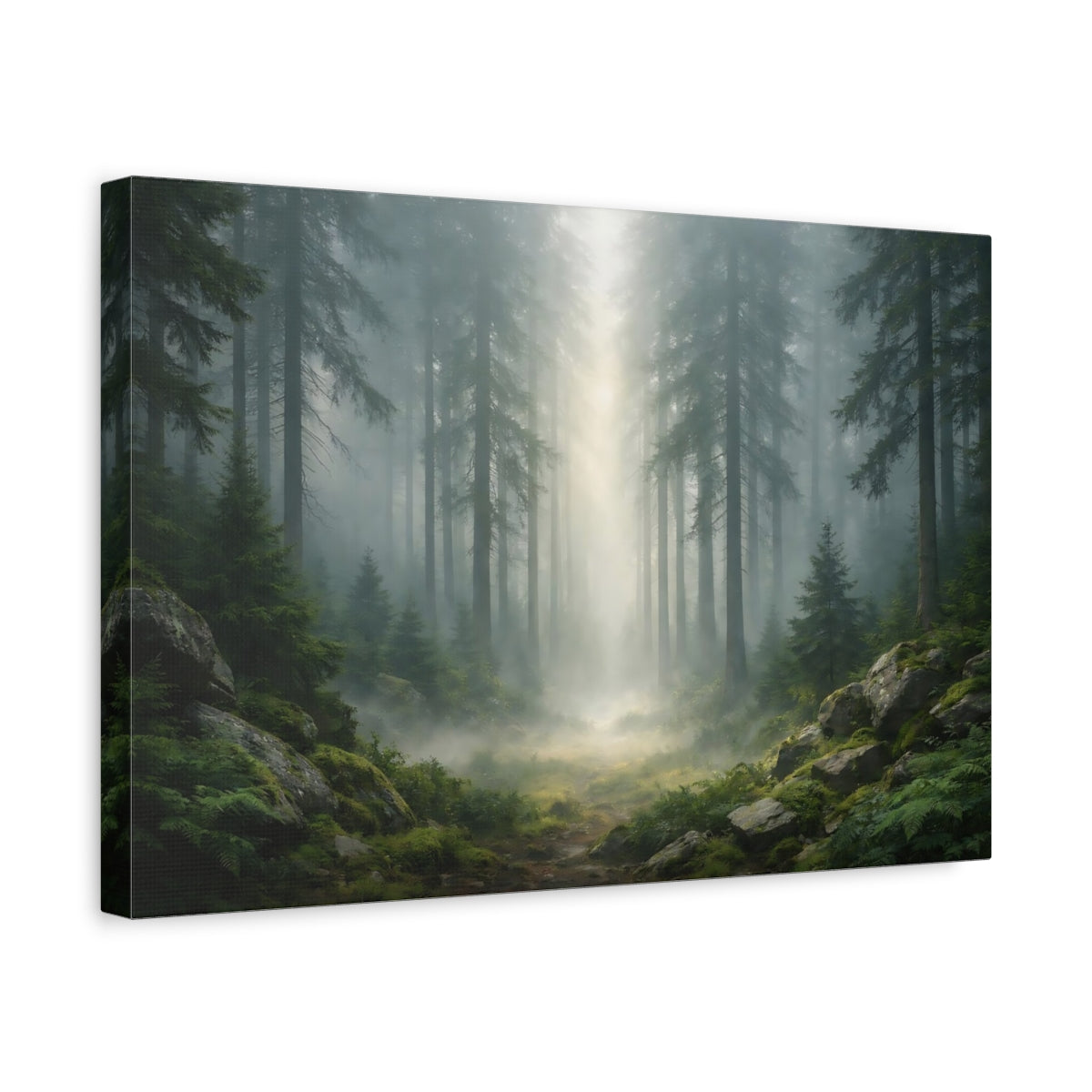 Side Mockup 4. Nature Pine Forest Misty Green Forest shown as stretched canvas wall art