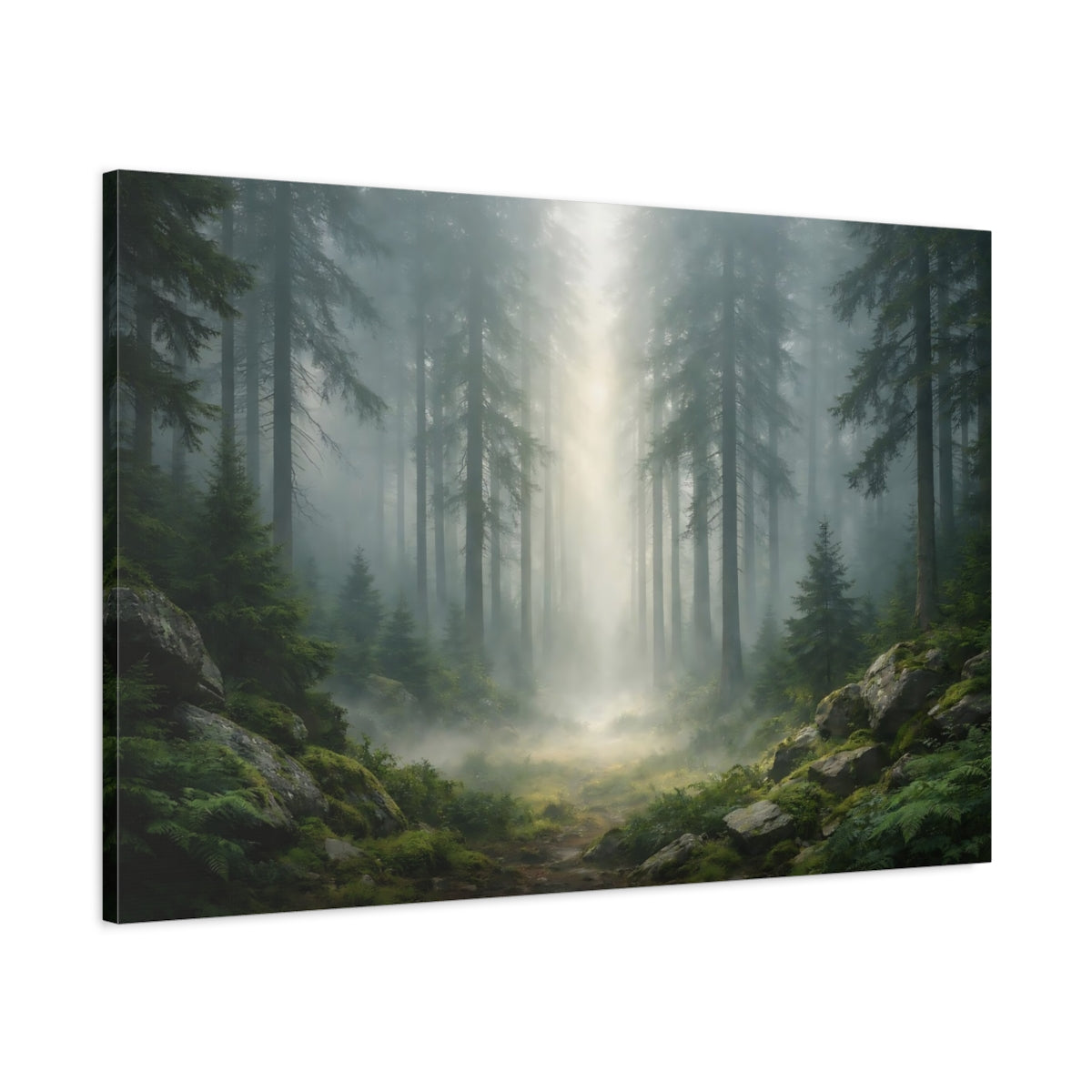 Side Mockup 1. Nature Pine Forest Misty Green Forest shown as stretched canvas wall art