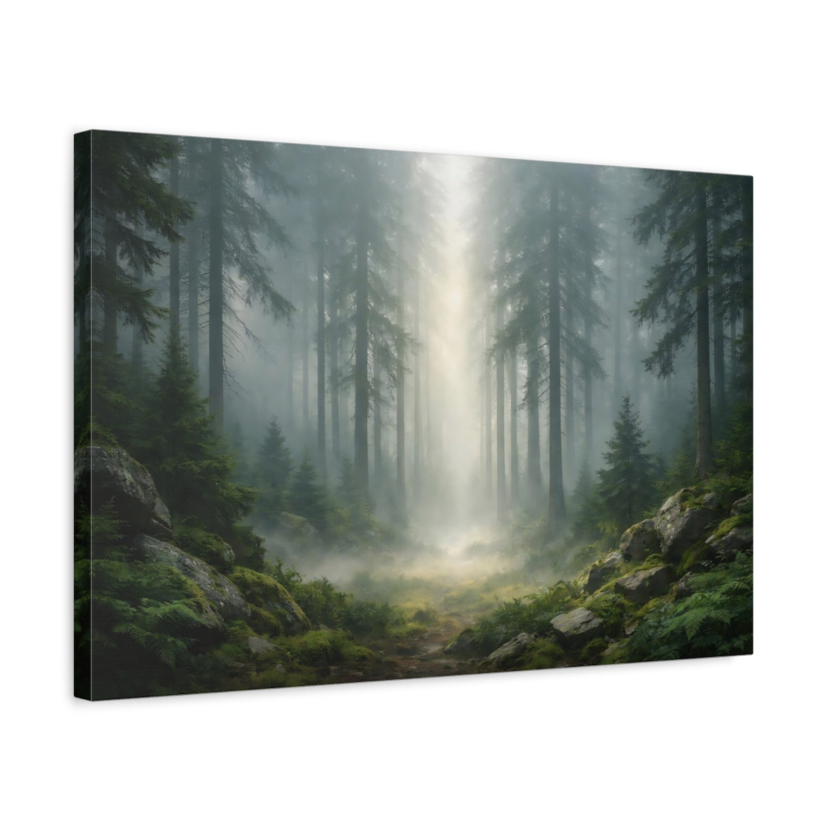 Side Mockup 3. Nature Pine Forest Misty Green Forest shown as stretched canvas wall art