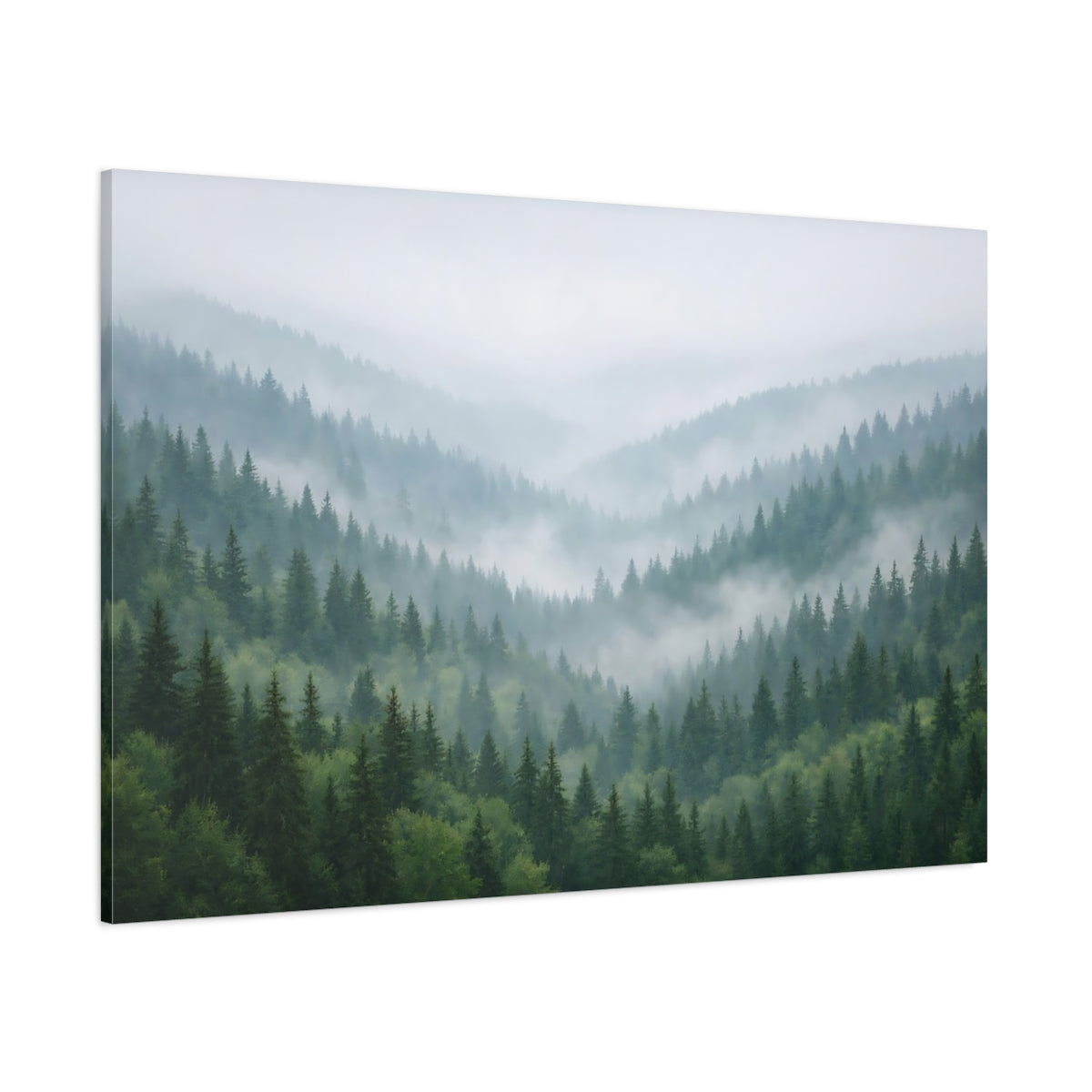 Side Mockup 1. Nature Pine Forest Misty Green Forest shown as stretched canvas wall art